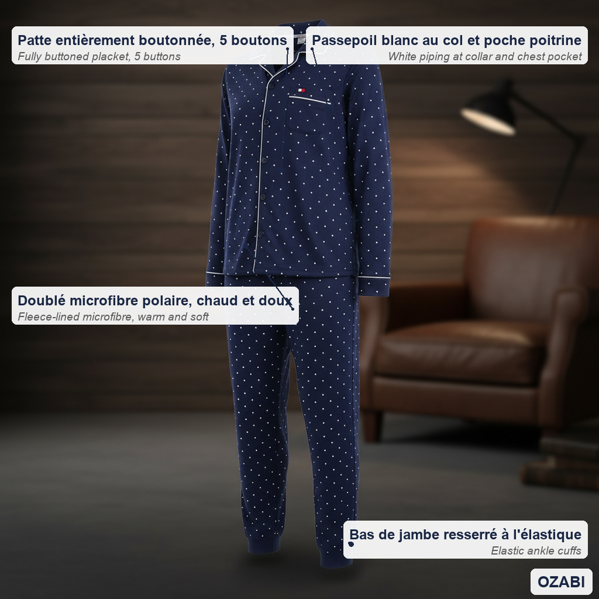 Voir la diapositive 5 : OZABI Ozabi ensemble pyjama homme doublé polaire boutonné petits pois