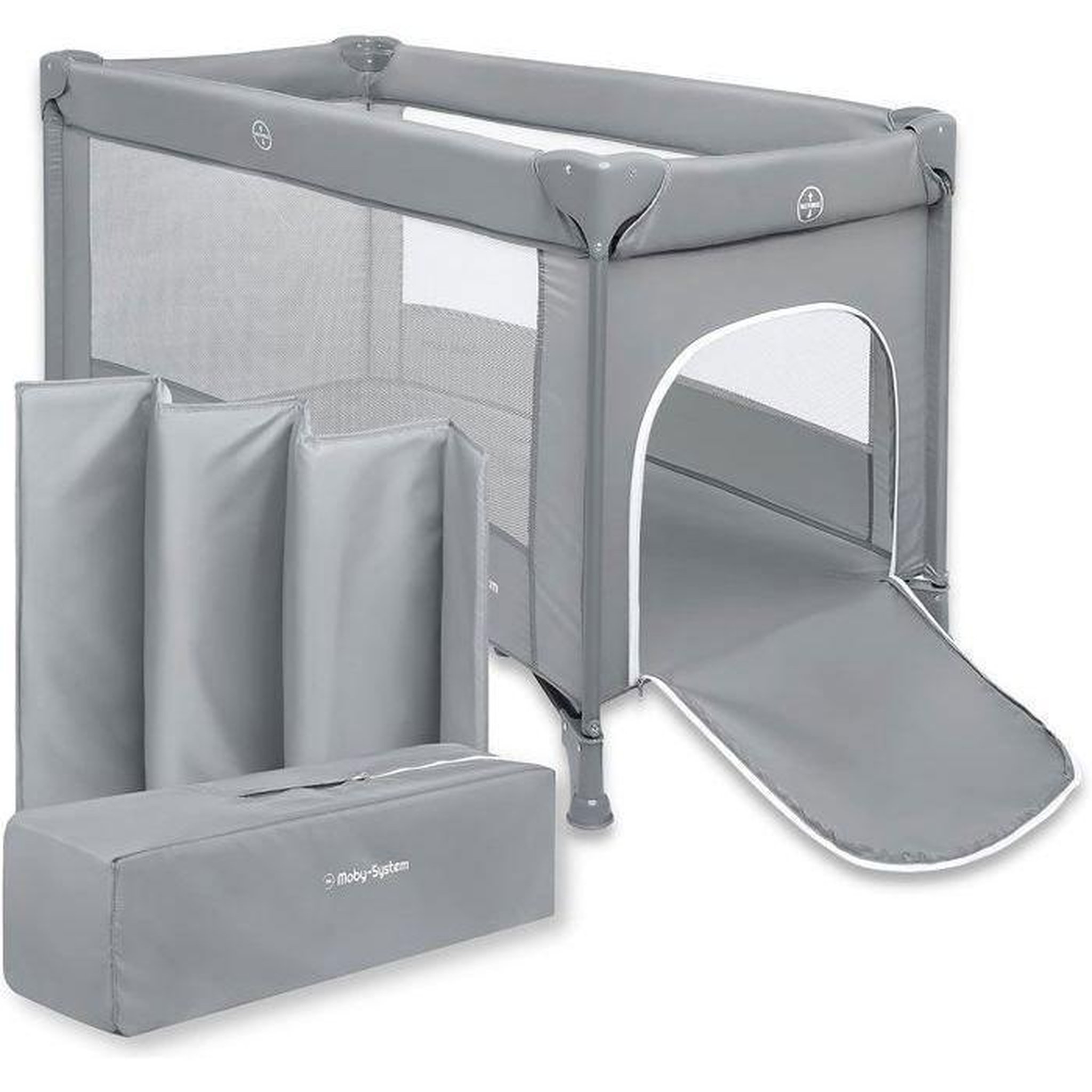 MOBY SYSTEM Lit Parapluie de Voyage Pliable Avec Matelas et Sac de Transport 126 x 66 x 72, Roues (Gris)