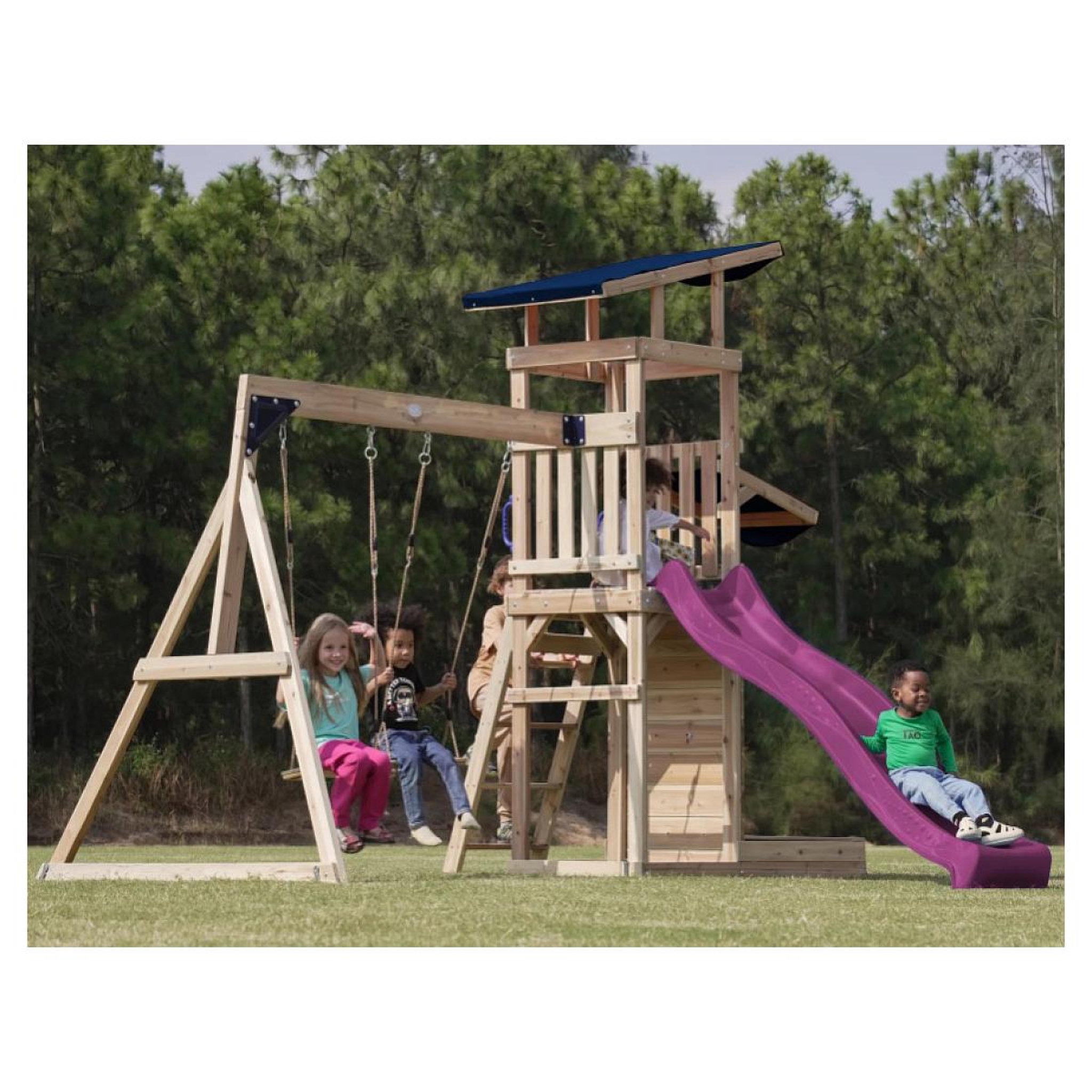 Voir la diapositive 3 : Axi House Portique Malik 2 balançoires + mur toboggan violet