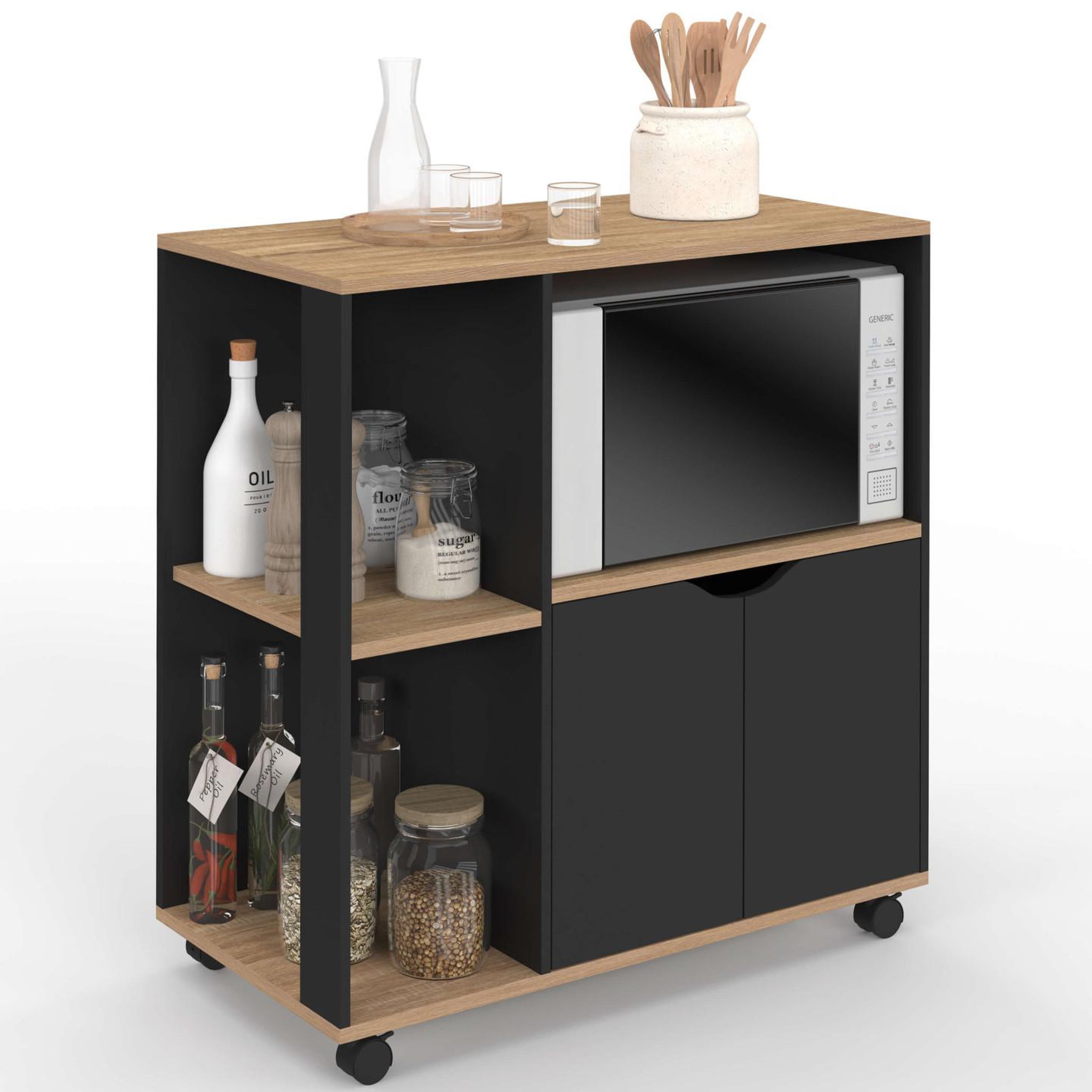 ID MARKET Desserte de cuisine cosi bois noir et plateaux façon hêtre l.76 cm