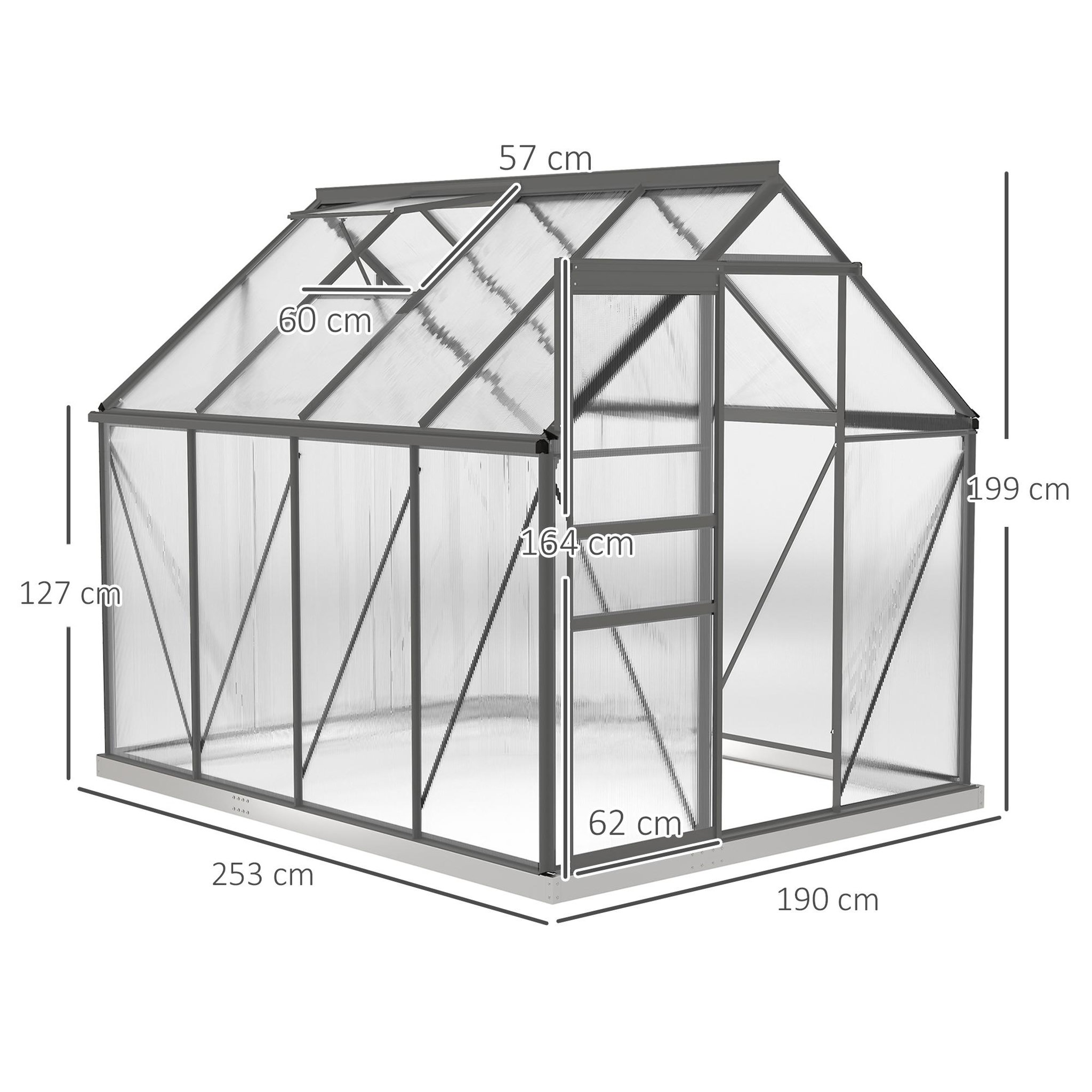 Voir la diapositive 3 : OUTSUNNY Serre de jardin polycarbonate alu 4,8 m² dim. 2,53l x 1,9l x 1,99h m lucarne réglable fondation porte coulissante gris