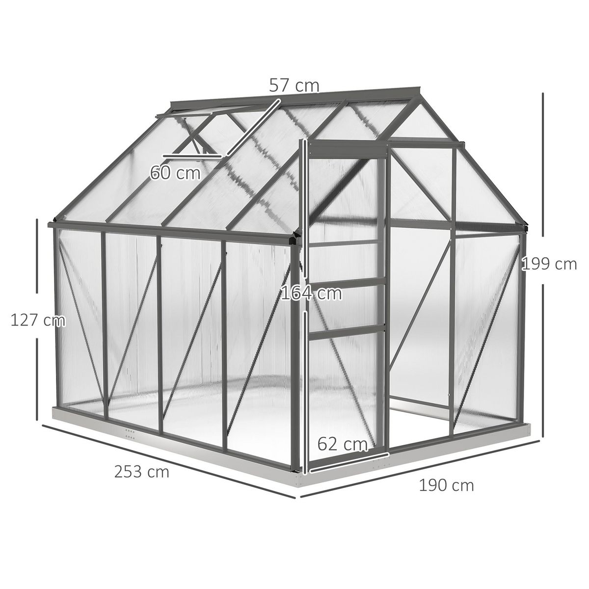 OUTSUNNY Serre de jardin polycarbonate alu 4,8 m² dim. 2,53L x 1,9l x 1,99H m lucarne réglable fondation porte coulissante gris