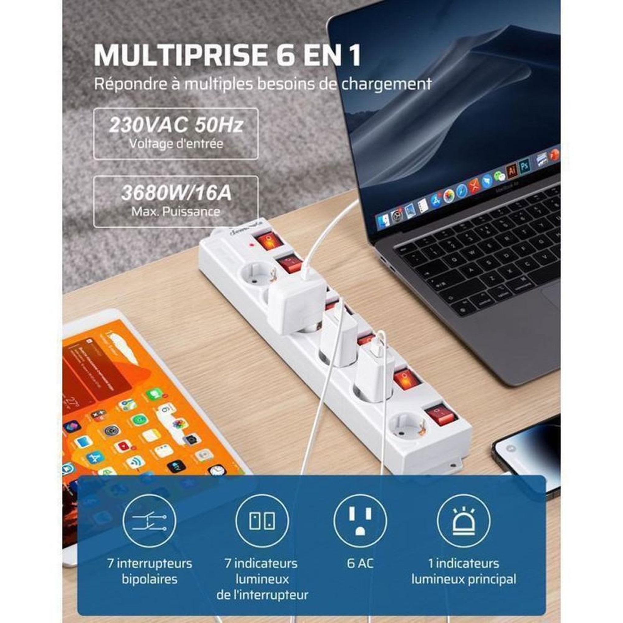 Voir la diapositive 4 : Multiprise 6 prises 16A 3680W avec 7 interrupteurs bipolaires LED, câble 5 m, protection surtension et court-circuit, montage mural/bureau, blanche
