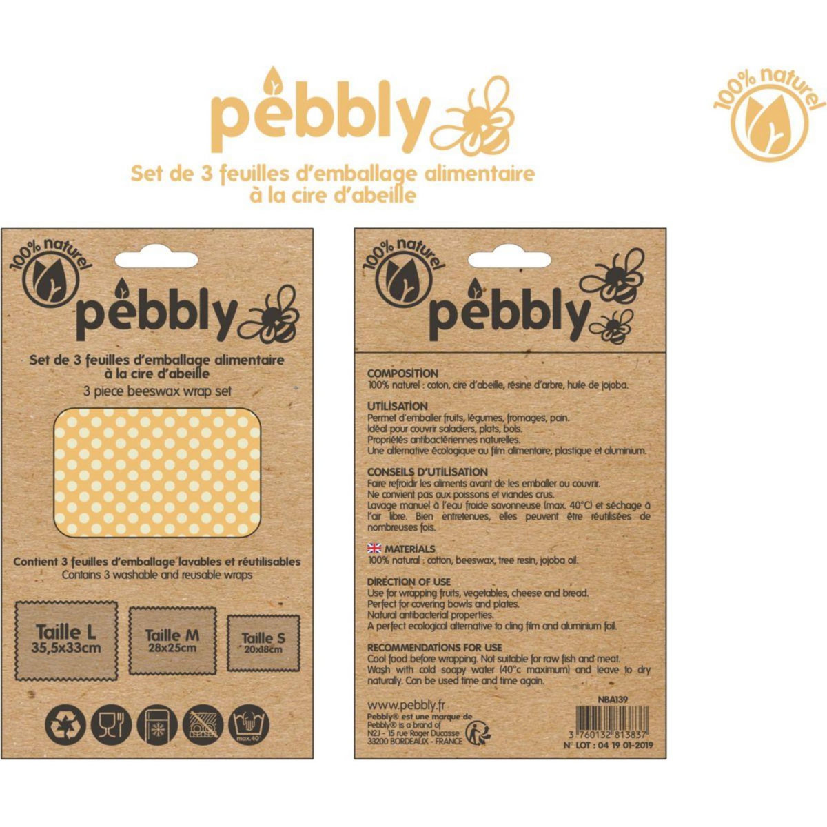 PEBBLY Feuille d'emballage alimentaire d'emballage alimentaire cire d'abeille