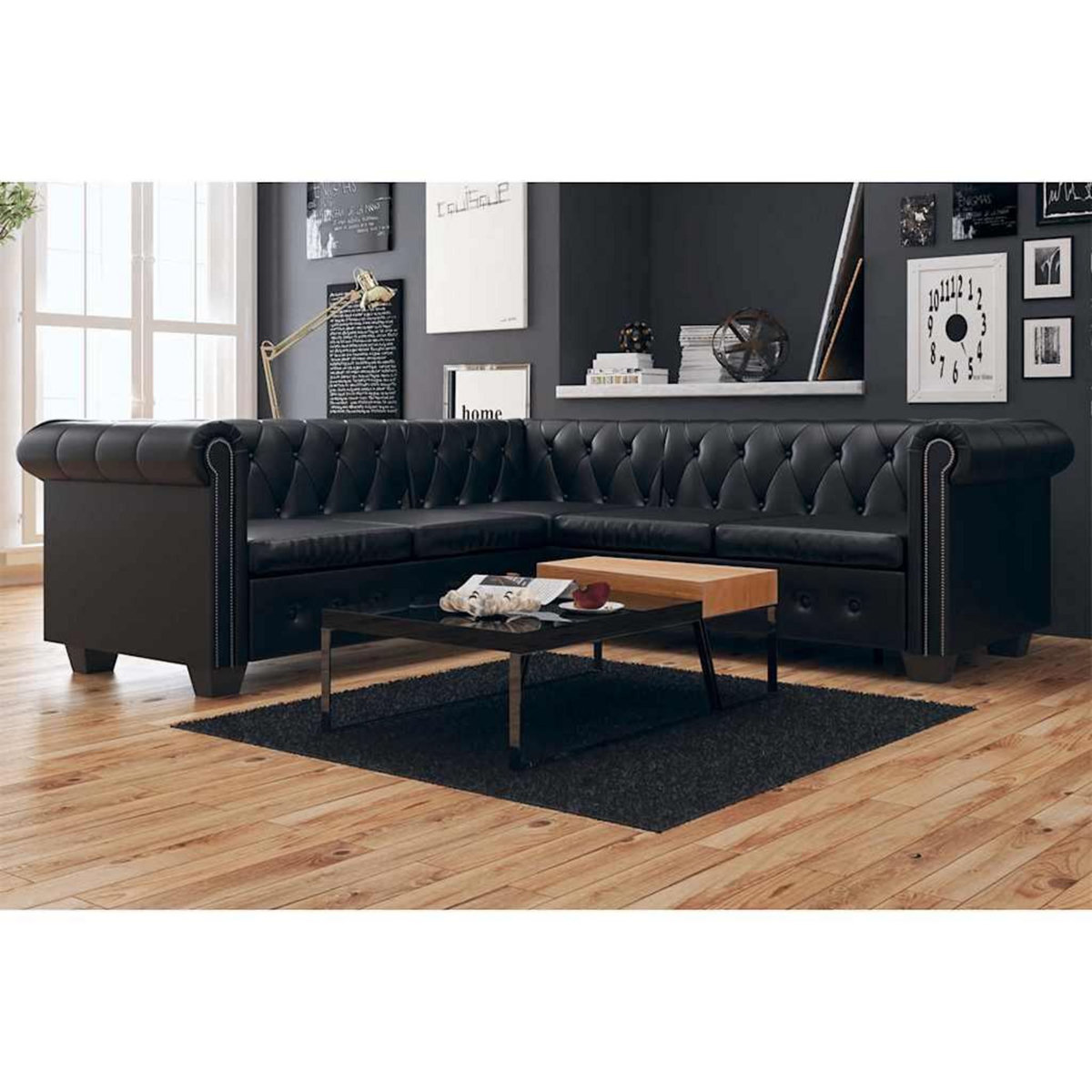 VIDAXL Canape d'angle Chesterfield 5 places Cuir synthetique Noir