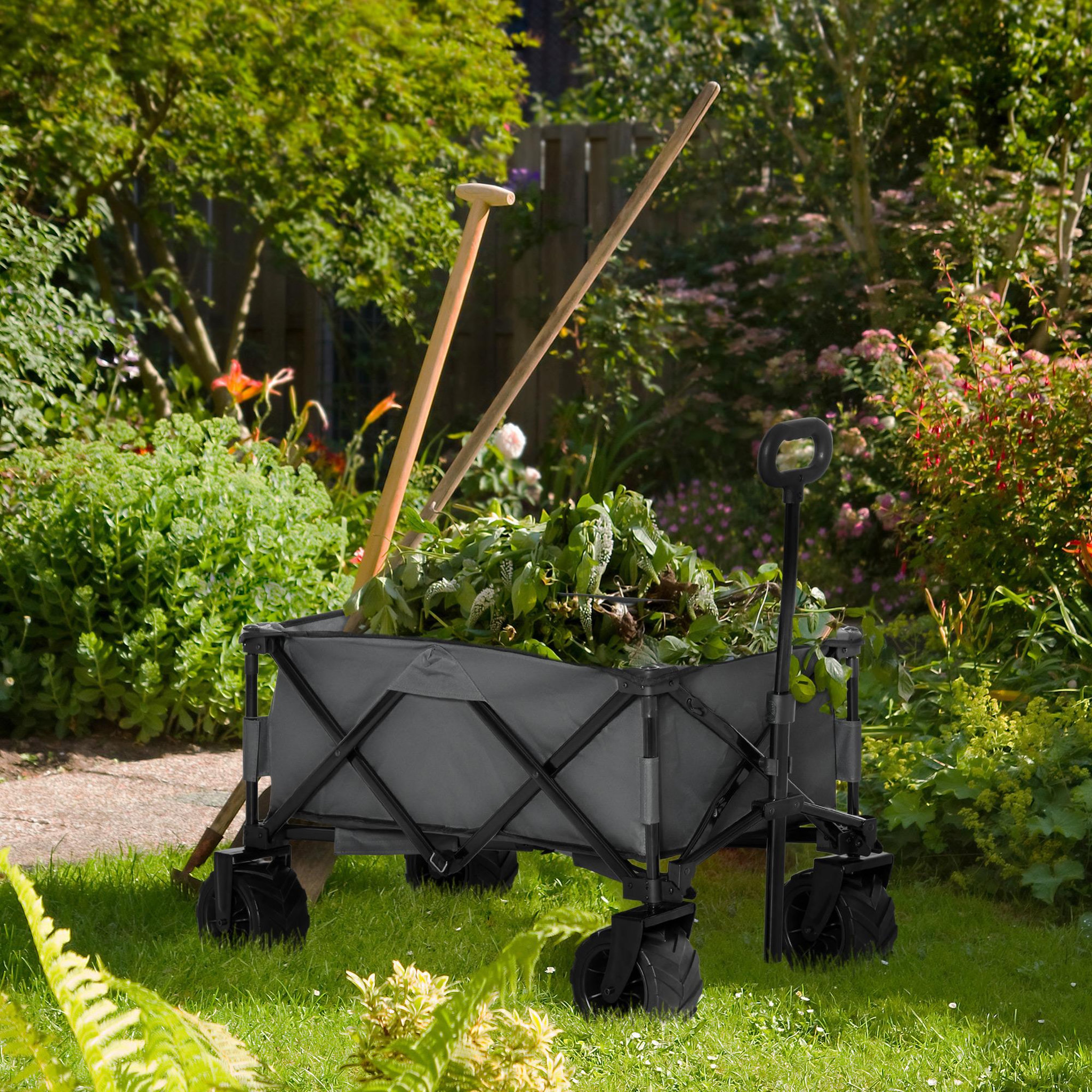 Voir la diapositive 2 : OUTSUNNY Chariot de transport pliable à roulettes - poignée télescopique - max. 70 Kg - métal noir oxford gris