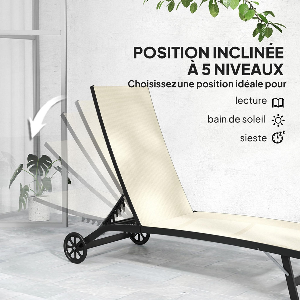 OUTSUNNY Lot de 2 bains de soleil transats inclinables - 2 roulettes - alu. textilène beige kaki