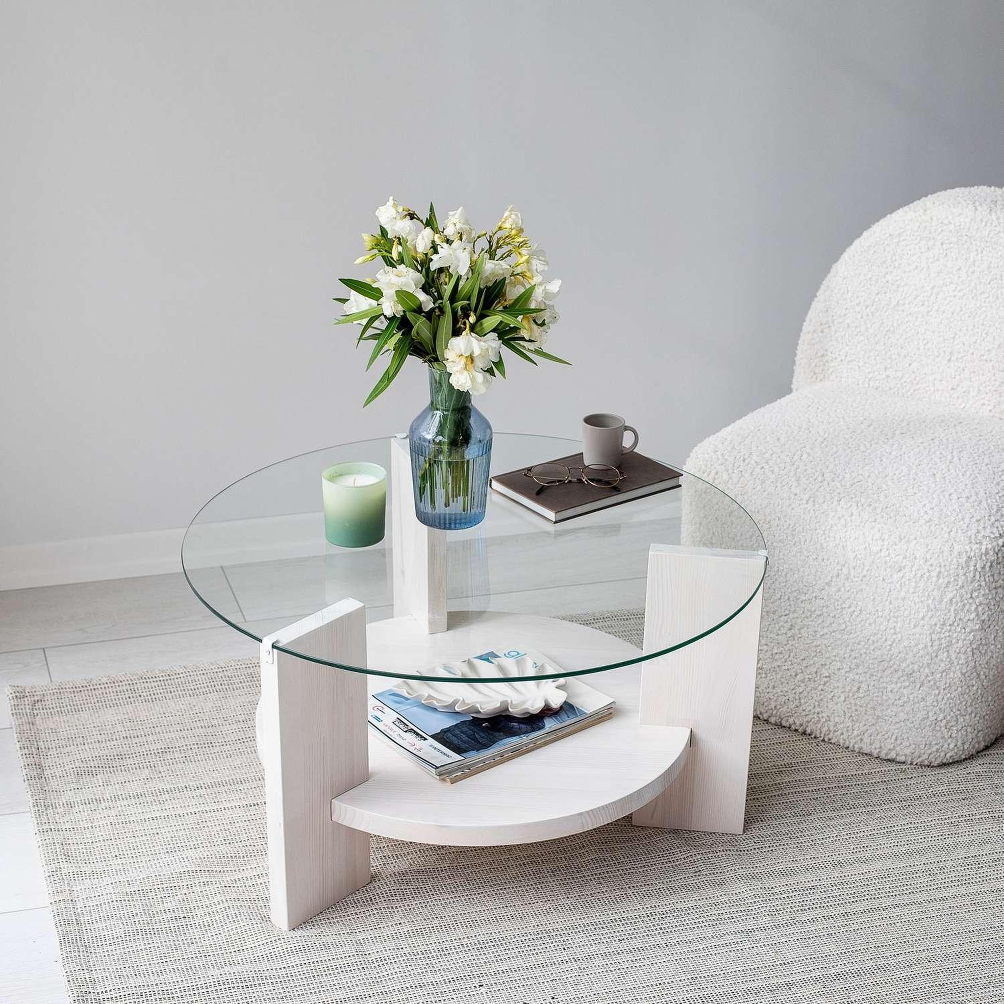 Voir la diapositive 6 : TOILINUX Table basse ronde 1 étagère auréline en verre et bois - transparent et blanc