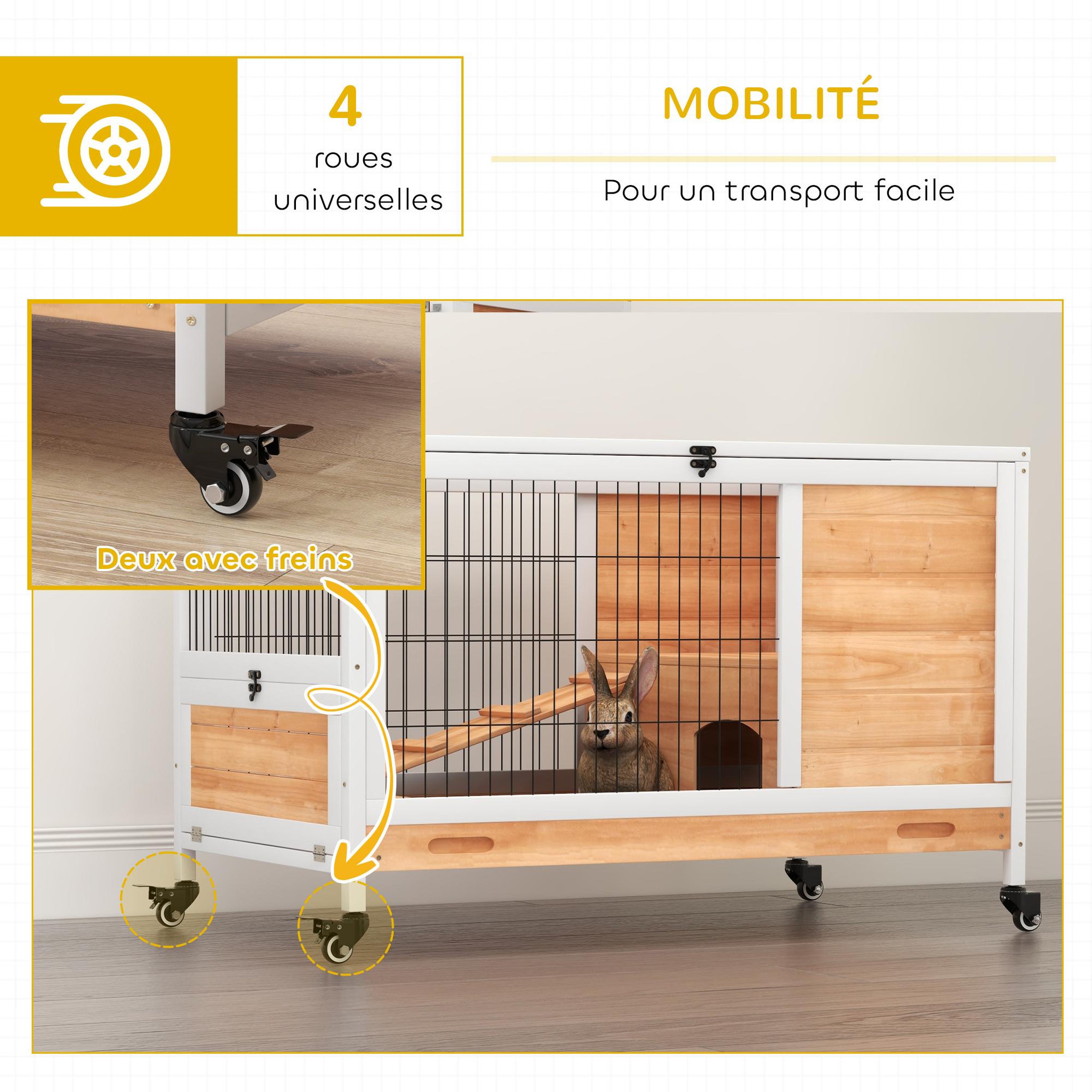 Voir la diapositive 6 : PAWHUT Clapier à lapin sur roulettes cage à lapin 2 étages porte verrouillable toit ouvrant plateau coulissant rampe bois de sapin orange blanc