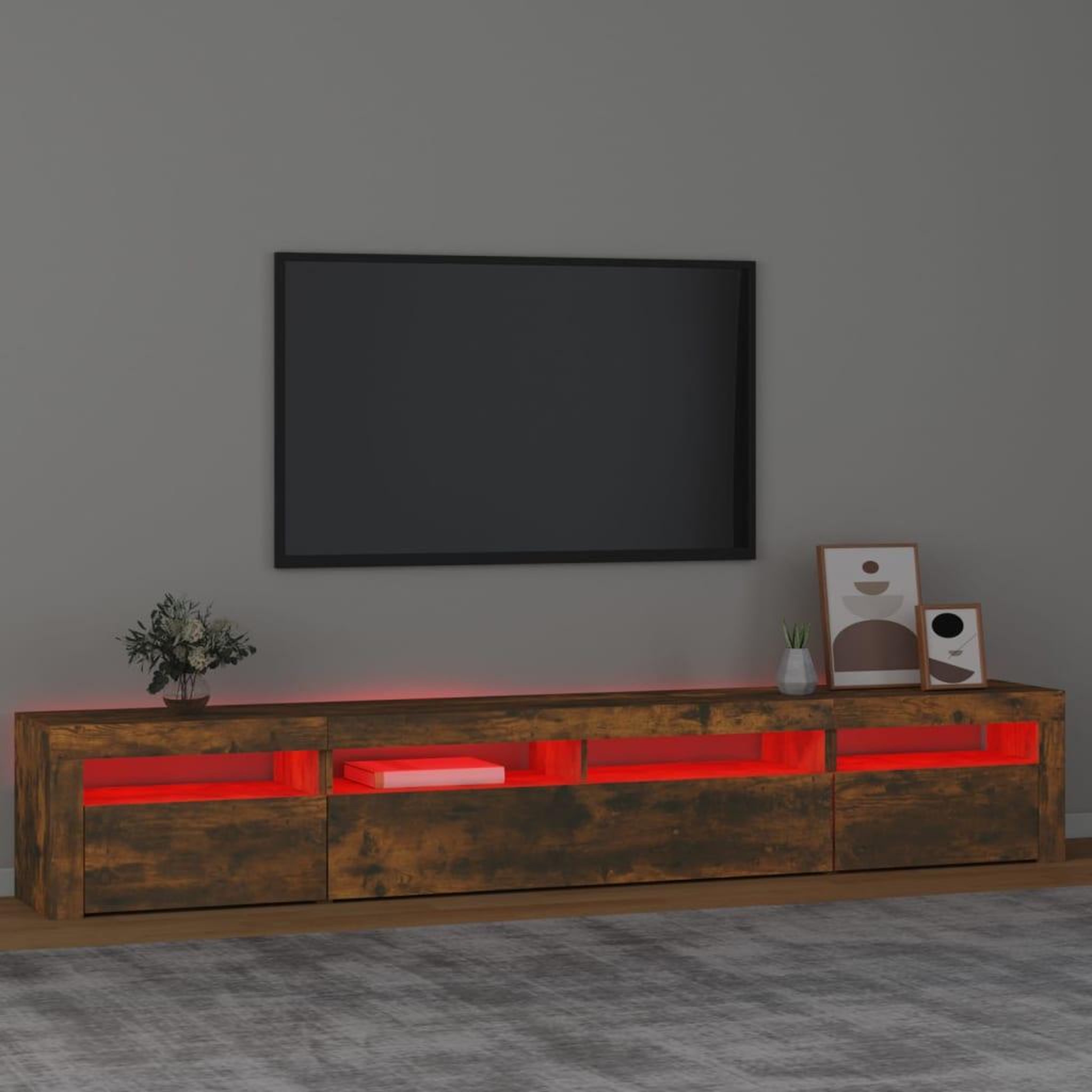 Voir la diapositive 5 : VIDAXL Meuble TV avec lumieres LED Chene fume 240x35x40 cm