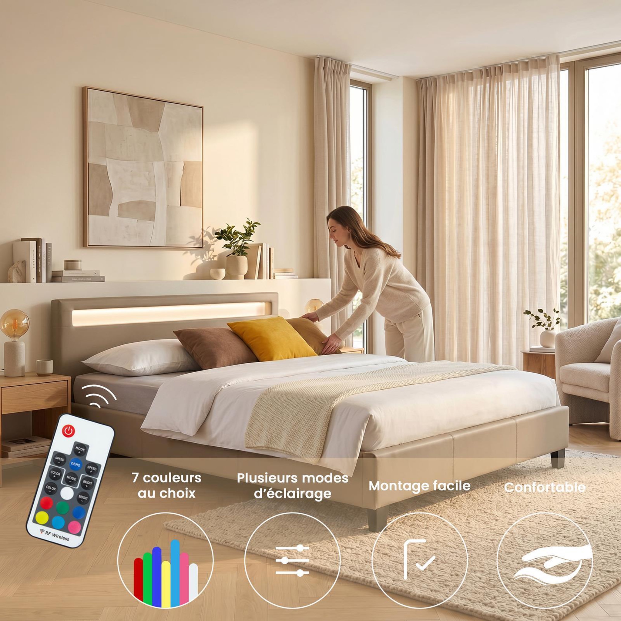 Voir la diapositive 3 : IDIMEX Lit LED double PINOT 140x190 cm, avec sommier, revêtement synthétique