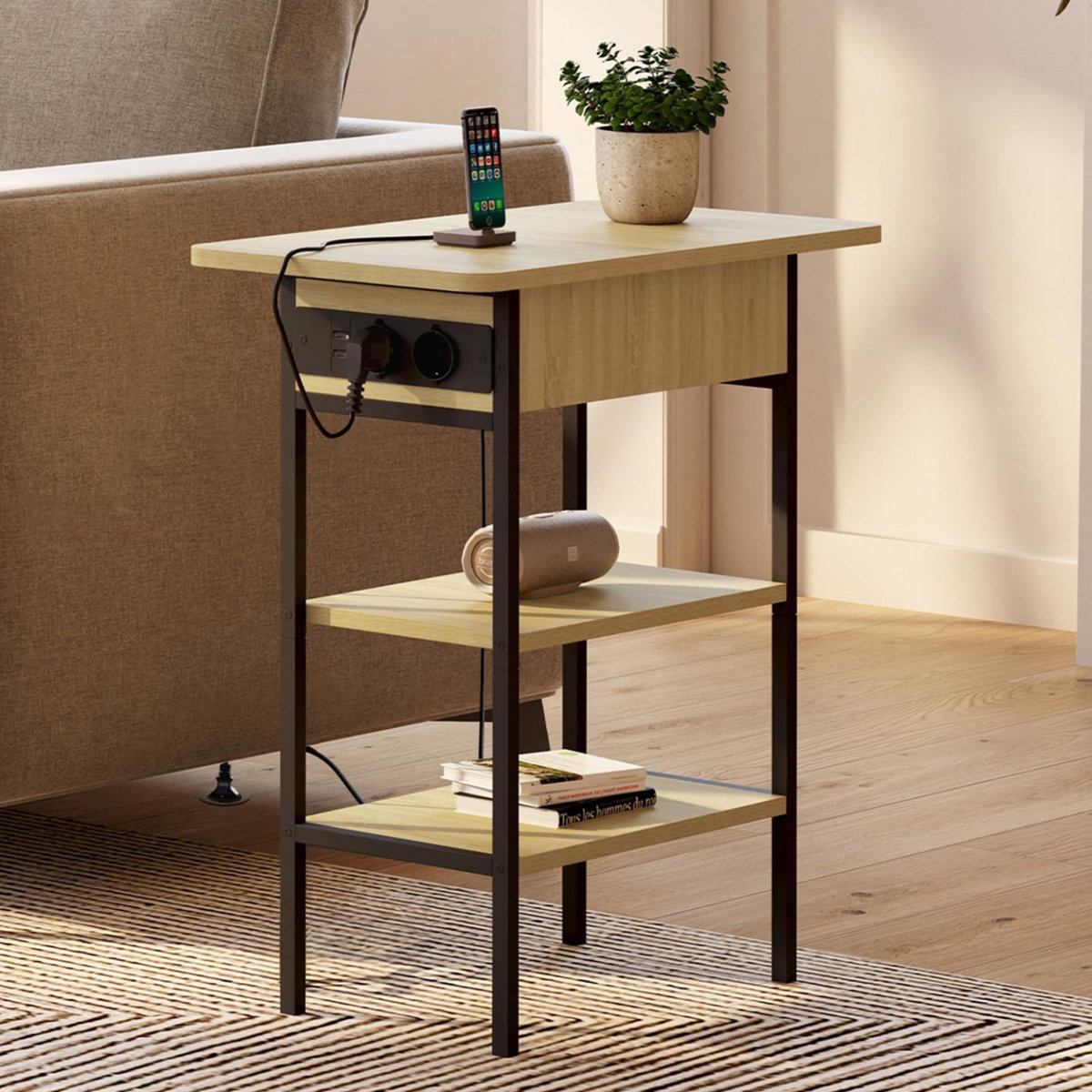 ID MARKET Table d'appoint - chevet avec multiprise DETROIT design industriel