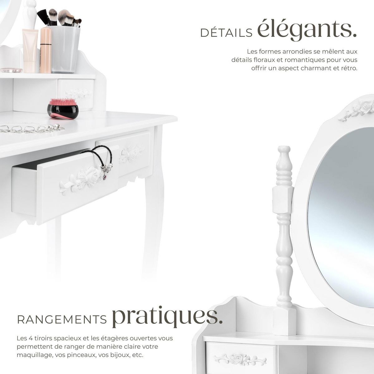 tectake Coiffeuse table de maquillage au look vintage avec tabouret rembourré blanc