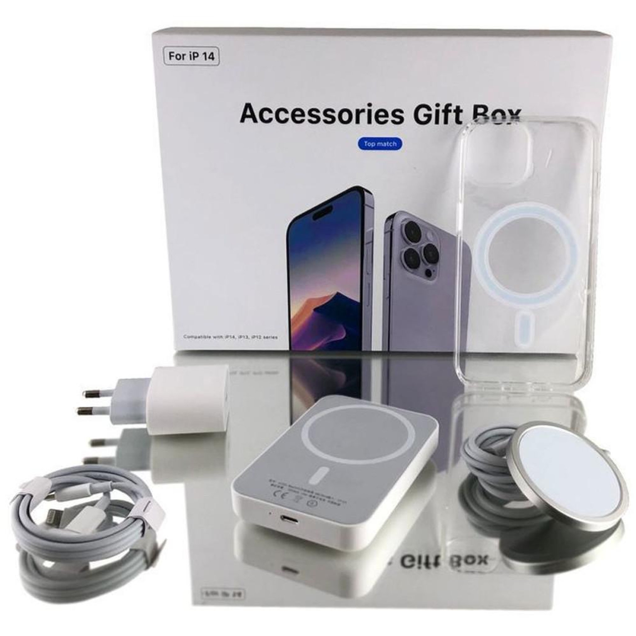 Coffret accessoires MagSafe 5 en 1 pour iPhone 13 Pro Max : batterie sans fil 5000 mAh, coque transparente, chargeur induction, adaptateur 20 W et câble USB