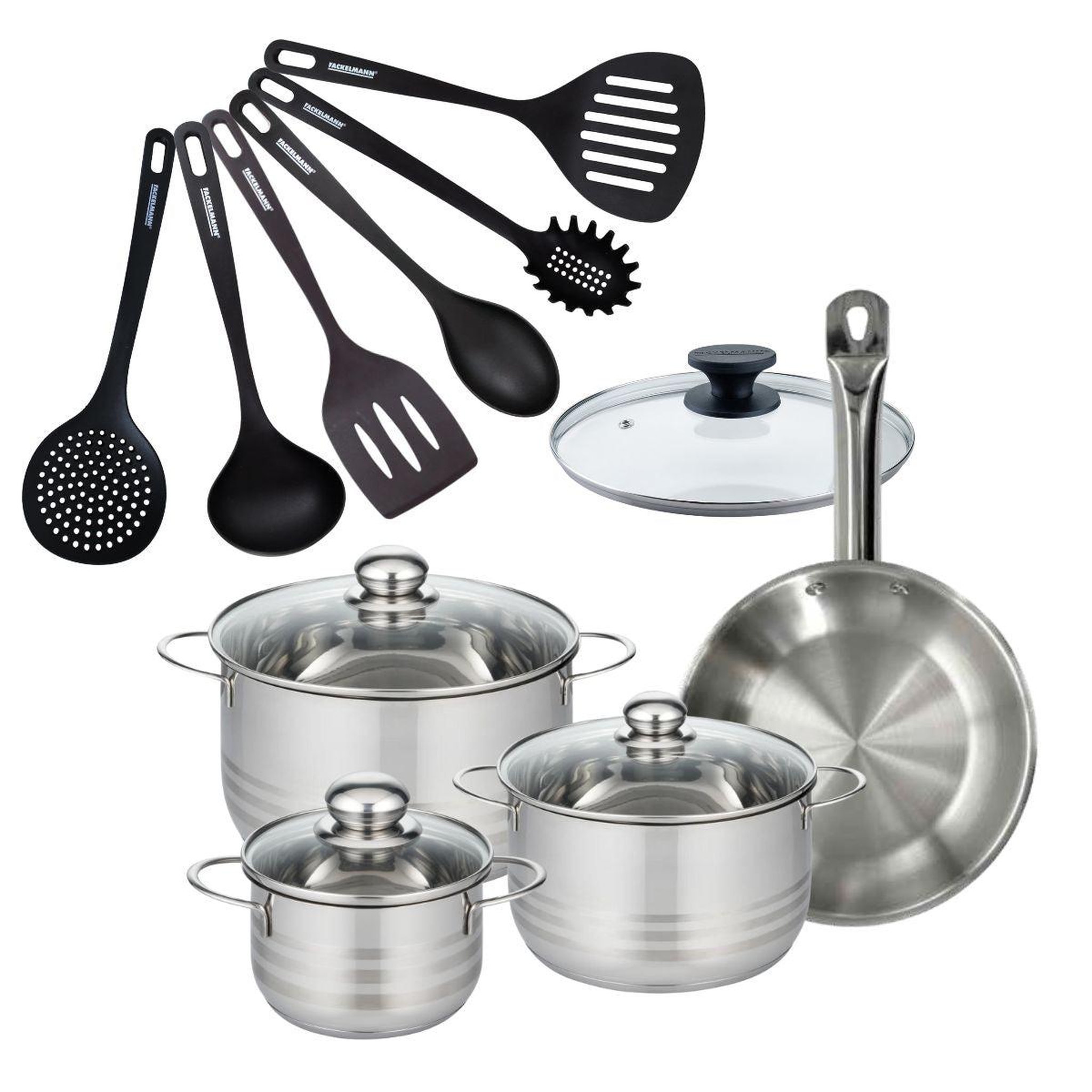 Fackelmann Batterie de cuisine 1 poêle 24 cm et couvercle, 3 faitouts 20/24/16 cm et 6 ustensiles de cuisine fackelmann eterna