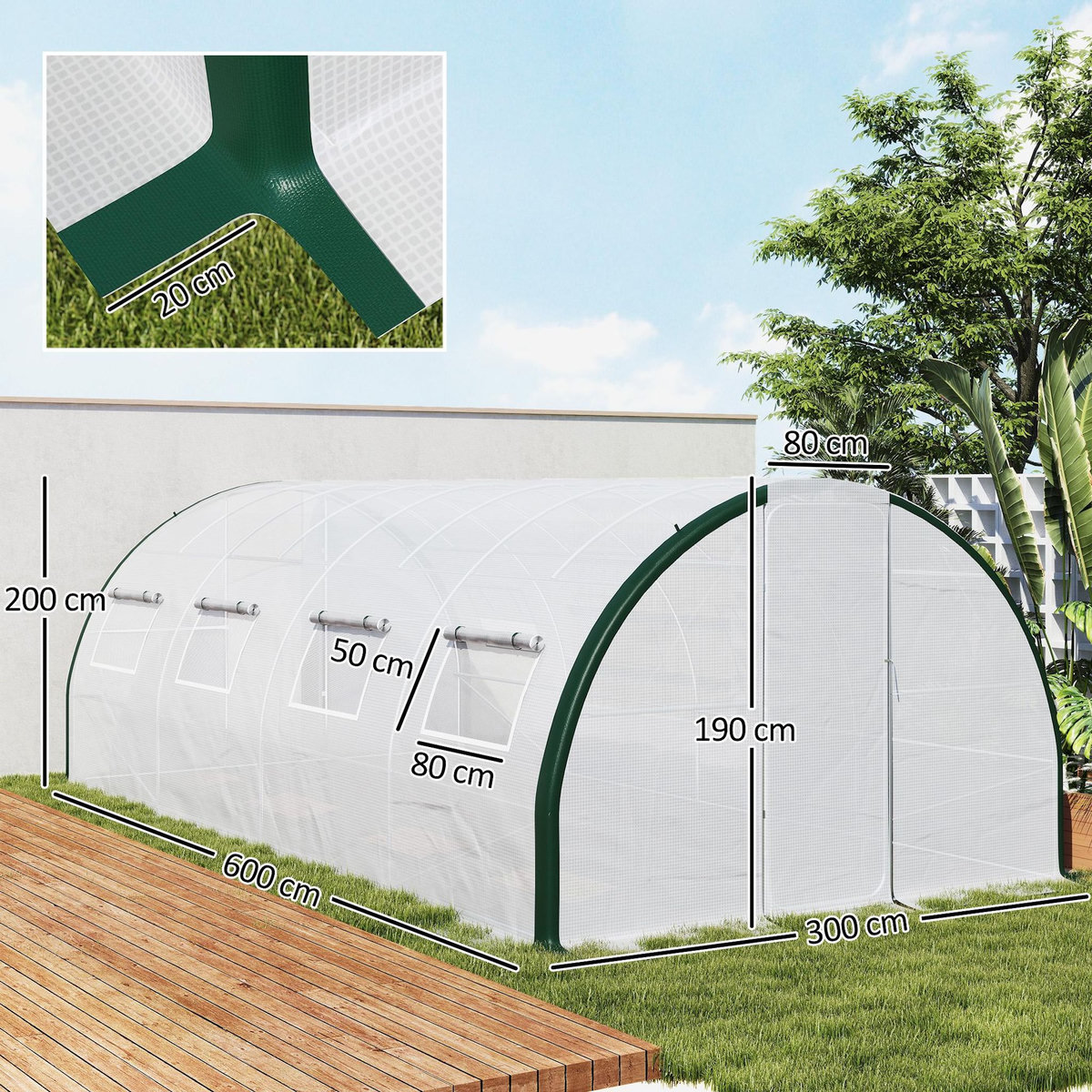 OUTSUNNY Serre de jardin tunnel 18 m² 8 fenêtres 2 portes articulées acier galvanisé PE haute densité blanc