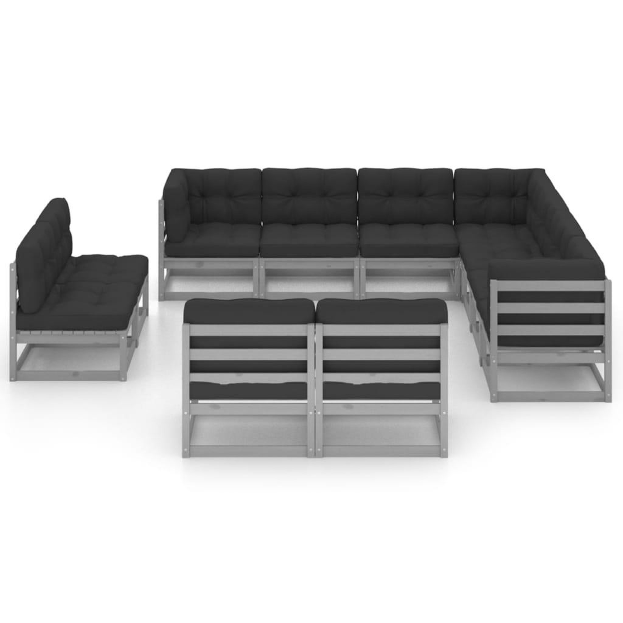 Voir la diapositive 2 : VIDAXL Salon de jardin 11 pcs avec coussins Gris Bois de pin massif