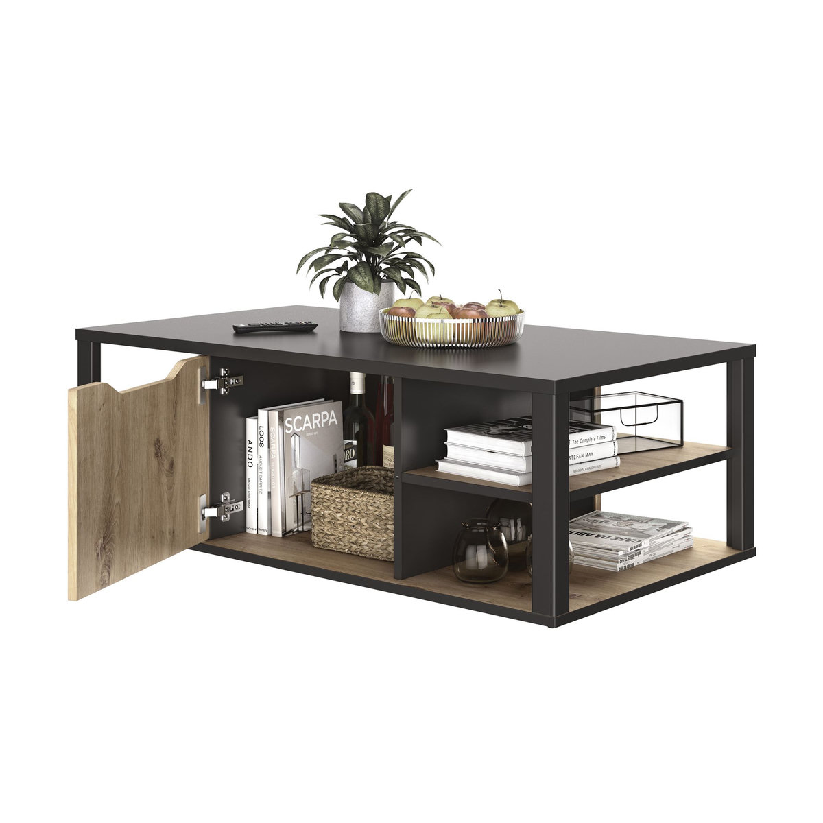 GAMI Table basse style industriel avec coffre central et étagères NEWTON