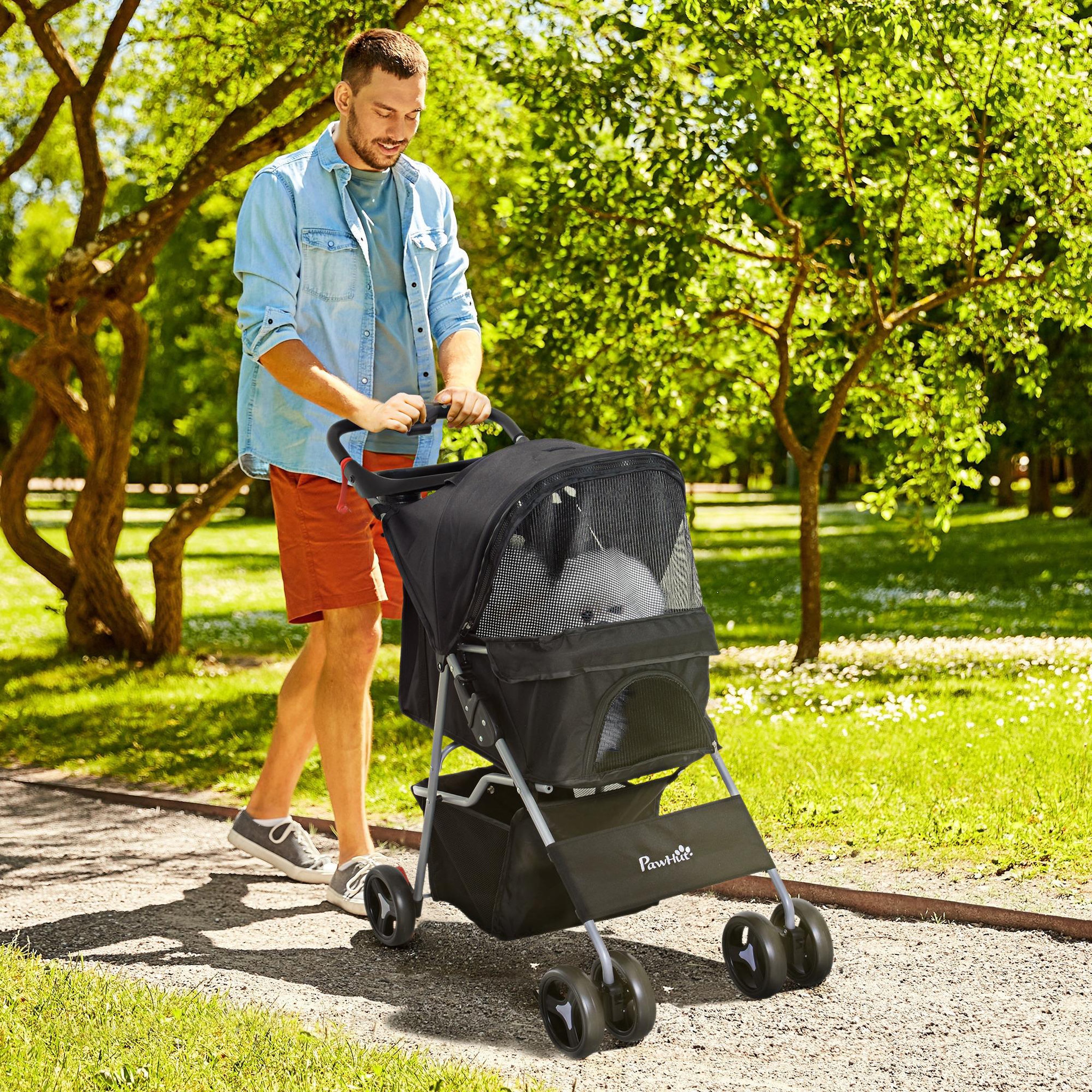 Voir la diapositive 2 : PAWHUT Poussette buggy pour chiens 75l x 46l x 94h cm pliable imperméable tissu 600d oxford 4 roues noir
