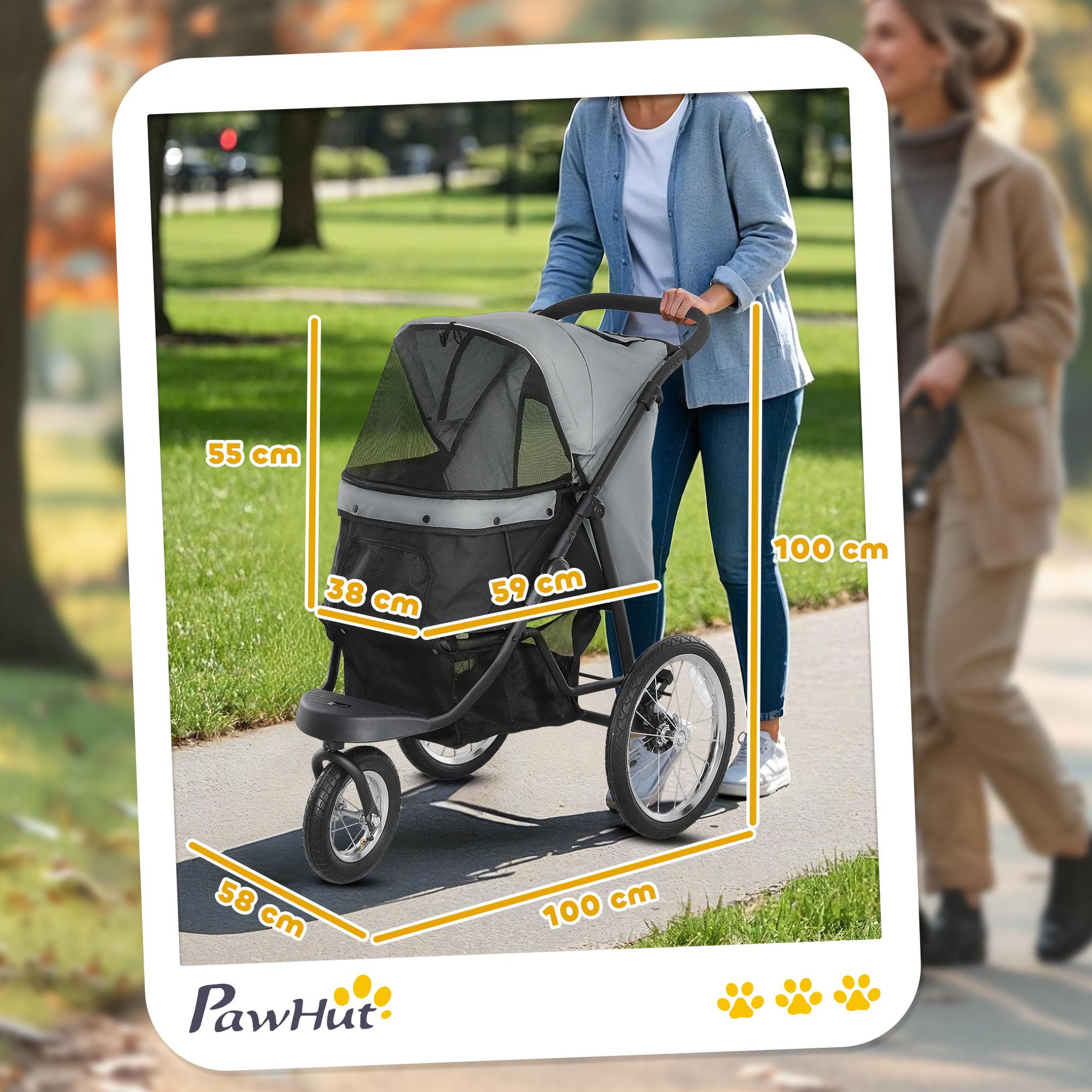 Voir la diapositive 3 : PAWHUT Poussette jogger pour chien pliable en un clic - panier de rangement, coussin lavable, attache, auvent réglable - gris