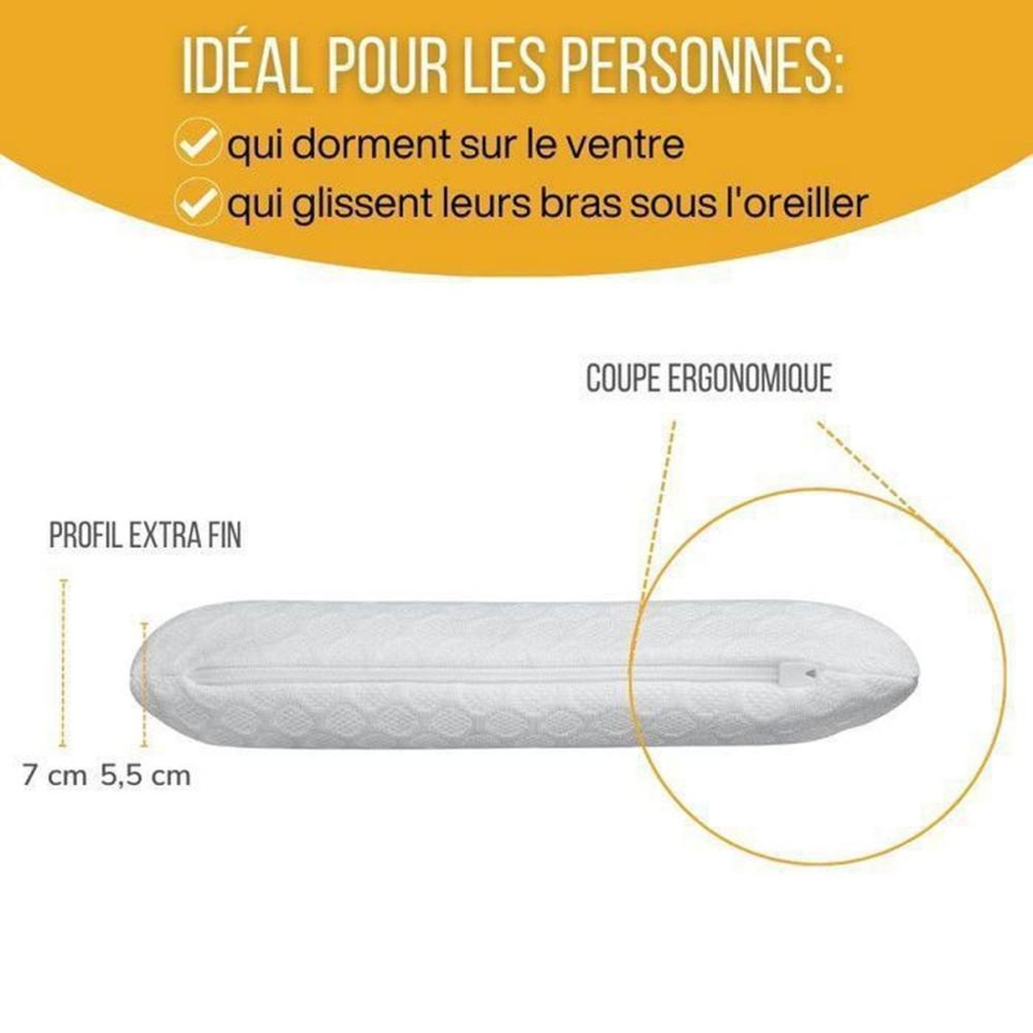 Voir la diapositive 4 : Oreiller extra plat en mousse à mémoire de forme pour dormeurs sur le ventre 58x38x7 cm, housse en bambou respirante