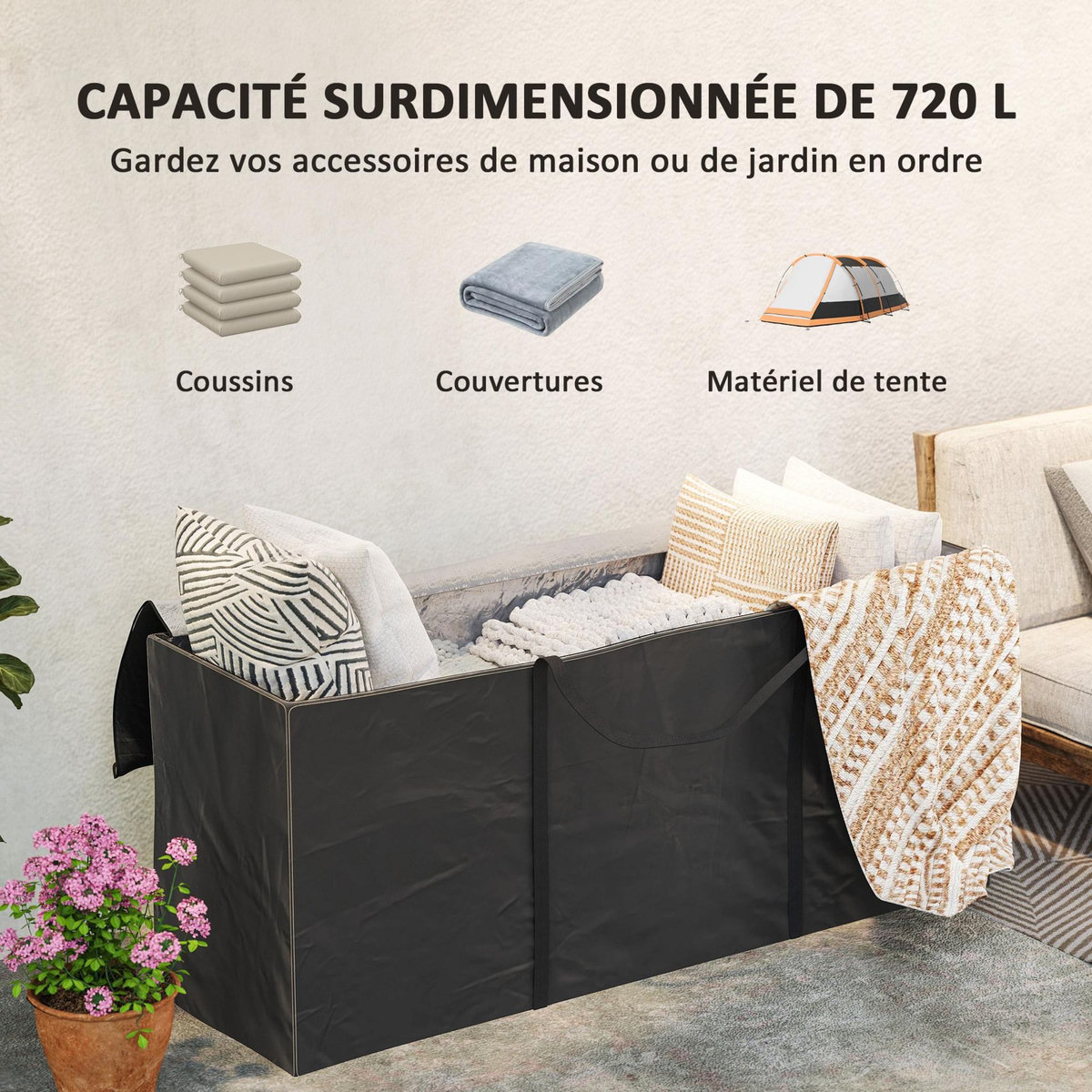 OUTSUNNY Sac de rangement étanche pour coussins d'extérieur housse impreméable pour coussins de jardin avec poignées noir