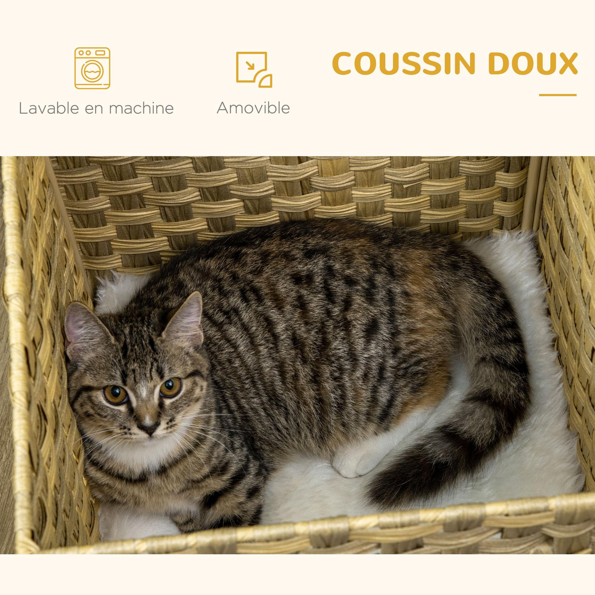 Voir la diapositive 5 : PAWHUT Maison pour chat rangement design scandinave - coussin peluche douce, niche panier rotin - panneaux blanc aspect chêne clair