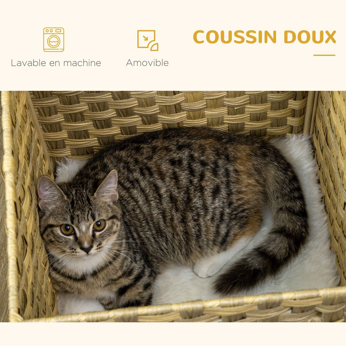 PAWHUT Maison pour chat rangement design scandinave - coussin peluche douce, niche panier rotin - panneaux blanc aspect chêne clair