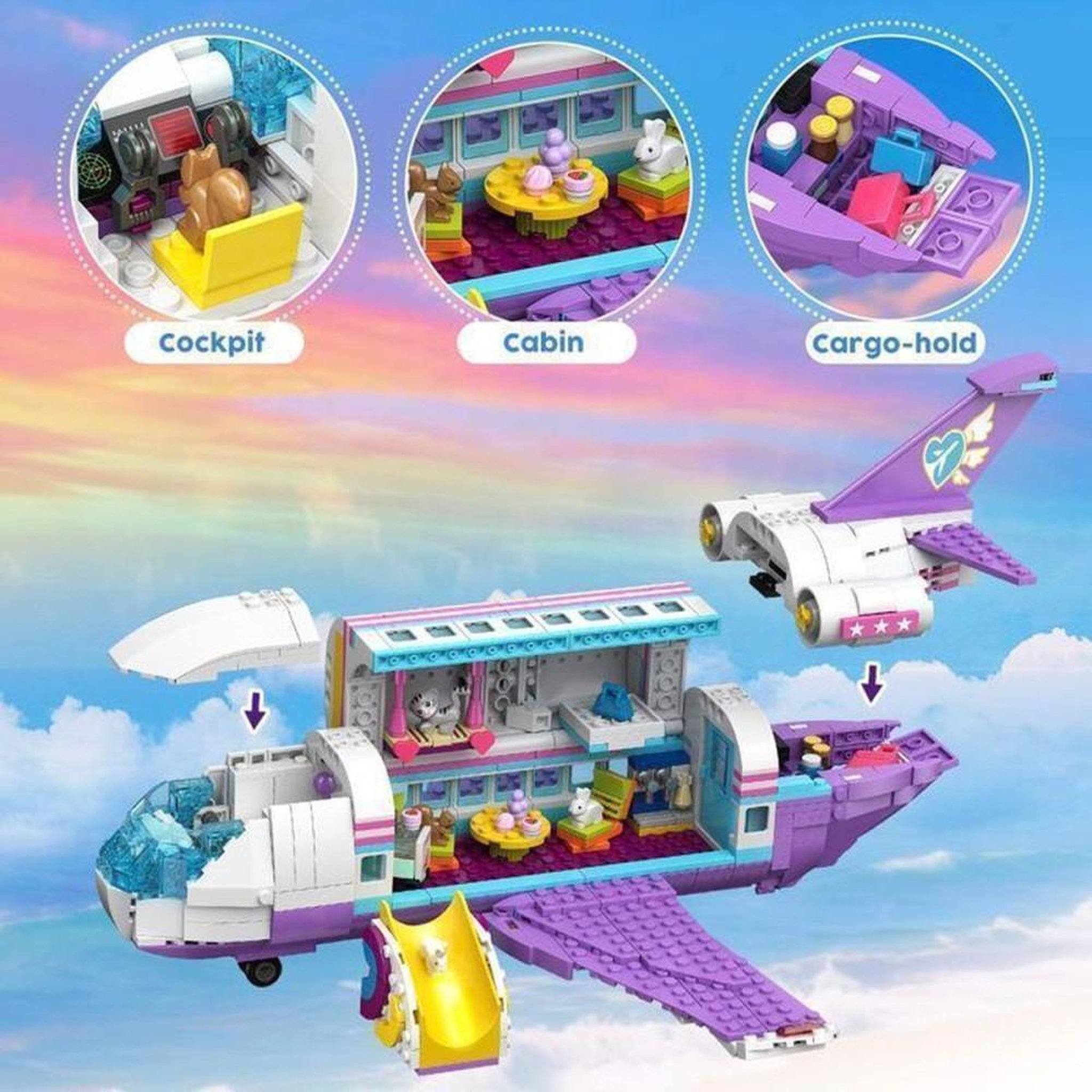 Voir la diapositive 4 : Jeu de construction 3-en-1 808 pièces avion, bateau ou camping-car avec 6 figurines animales, couleur violette
