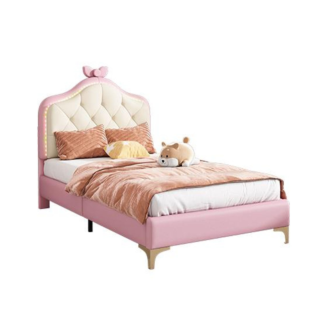 MERAX Lit simple enfant rembourré 90x200cm pu coloris rose led