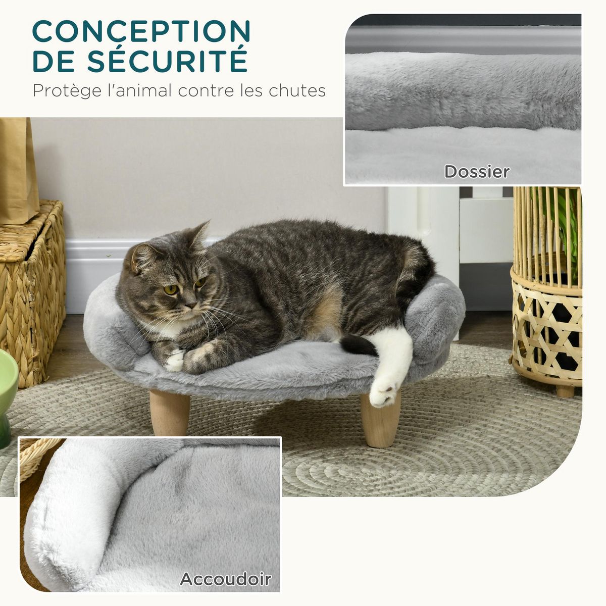 PAWHUT Canapé panier chien ou chat design scandinave housse amovible pieds en bois peluche douce gris