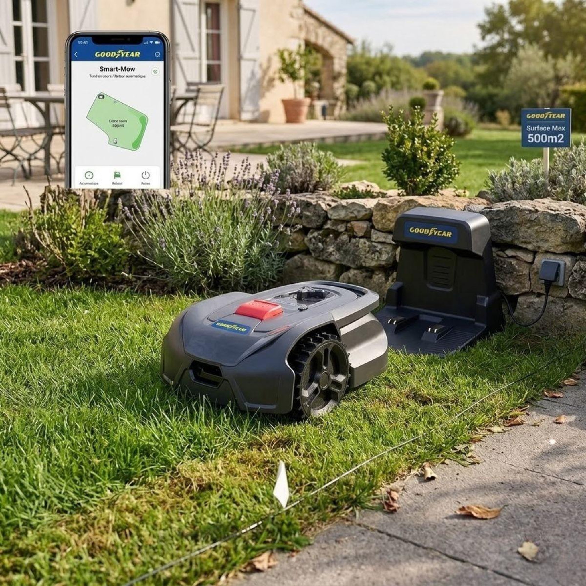 Voir la diapositive 5 : GOODYEAR Robot tondeuse sans fil 500m2 installation facile 3 lames mulching coupe ø18cm 45% retour à la base autonome goodyear