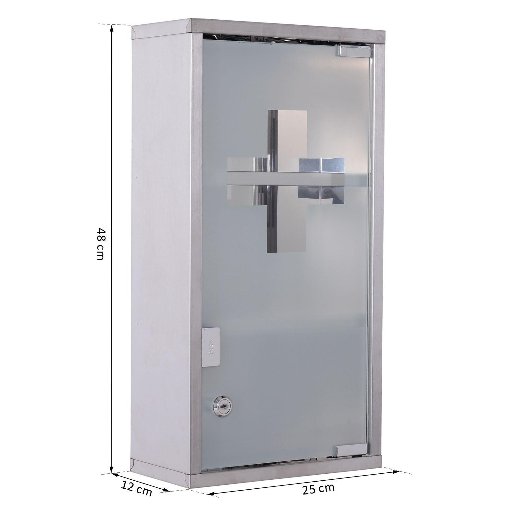 Voir la diapositive 3 : HOMCOM Armoire à pharmacie 2 étagères 3 niveaux verrouillable porte verre trempé dépoli logo croix 25l x 12l x 48h cm acier inox