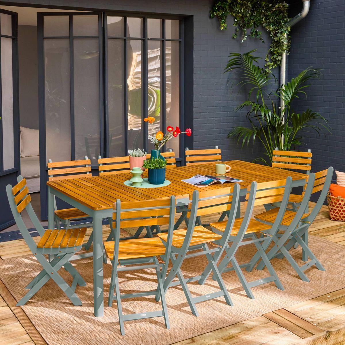 SWEEEK Table de jardin acacia avec coins arrondis, 10 chaises, 200 x 100 x 75 cm