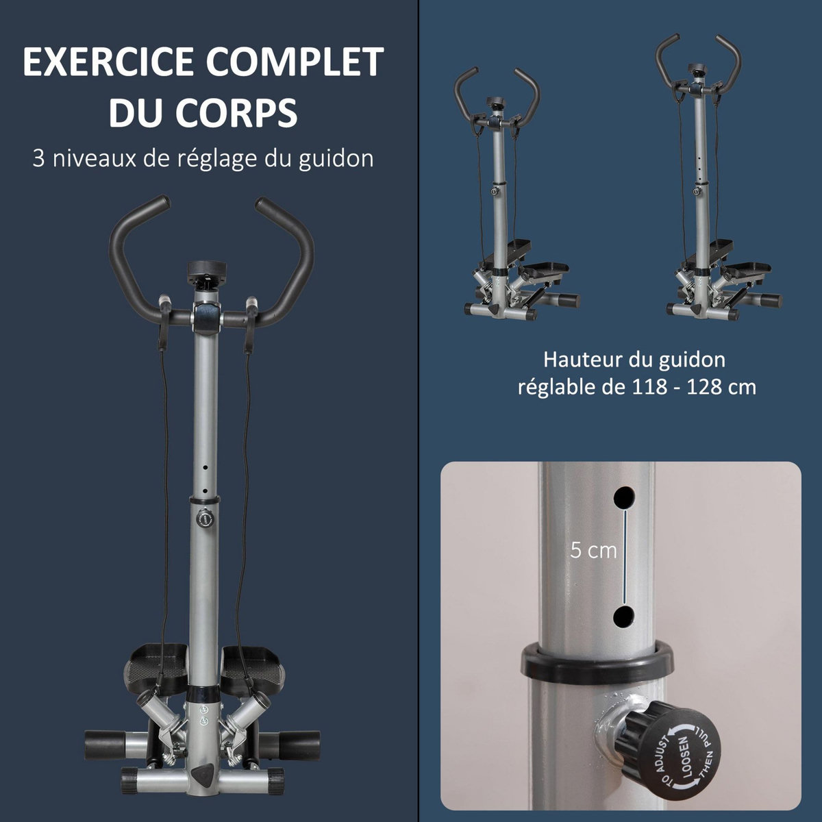 HOMCOM Stepper fitness avec guidon ergonomique réglable et écran LCD - bandes de résistance - gris noir