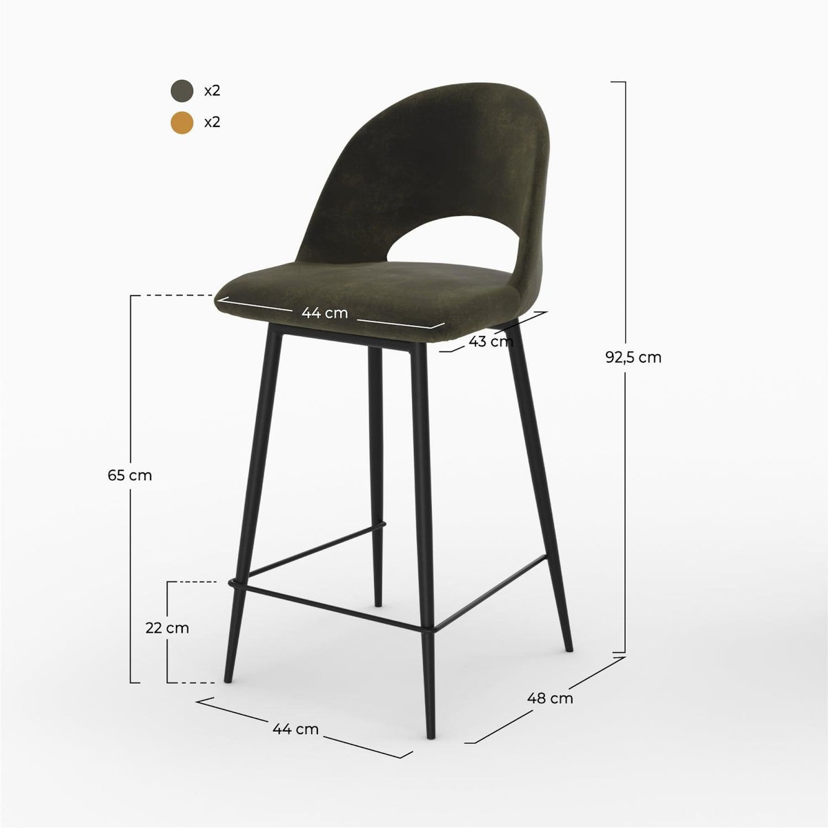 Rendez vous déco Pack 4 chaises pour îlot central en velours vert et jaune 65 cm-Pénélope