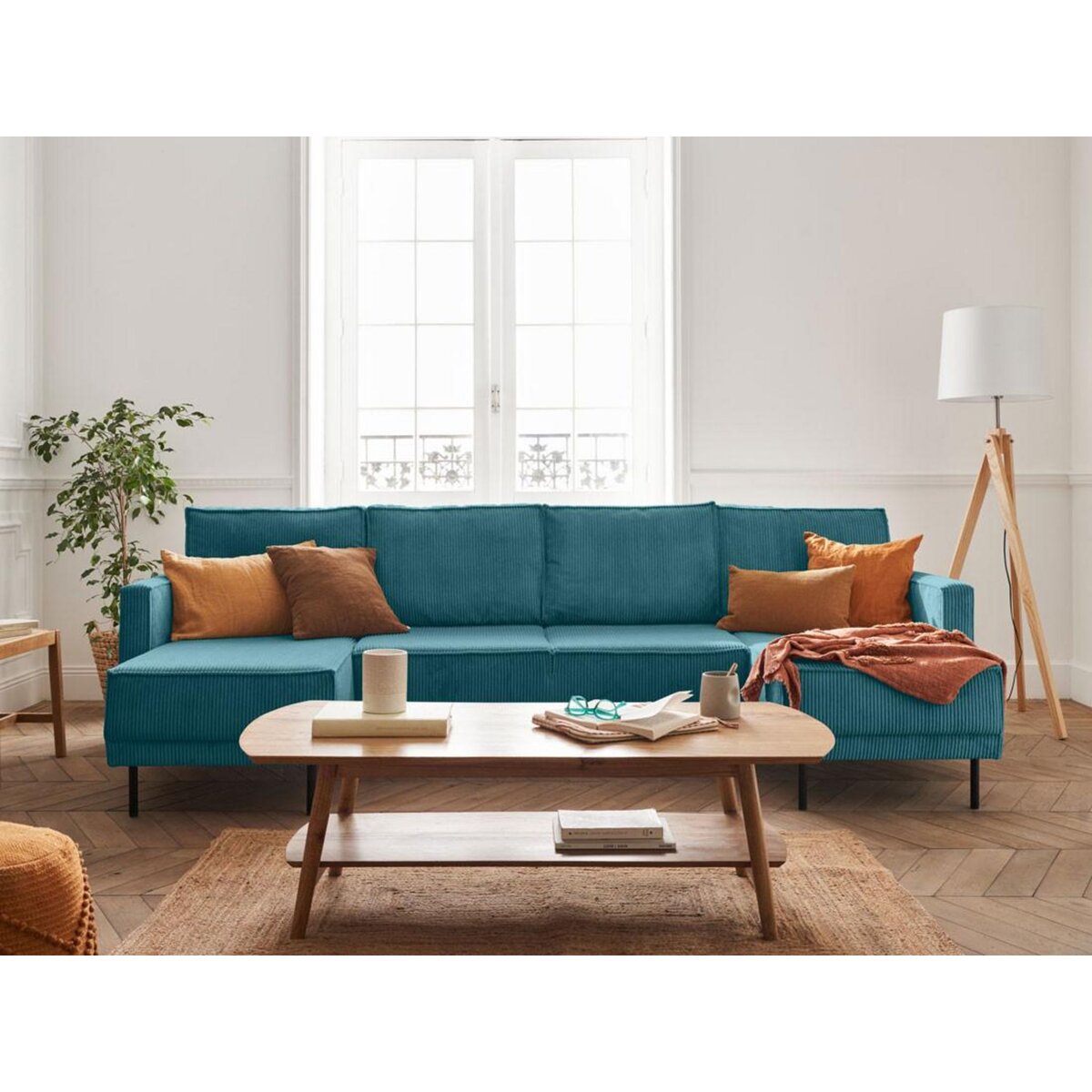 LISA DESIGN Charlie - canapé panoramique en u - 7 places - convertible avec coffre - en velours côtelé