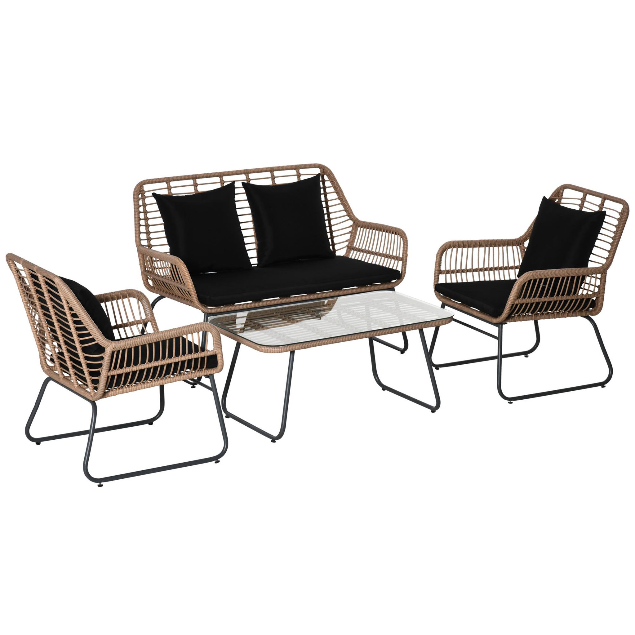 Voir la diapositive 1 : OUTSUNNY Salon de jardin 4 places 4 pièces style exotique métal époxy résine imitation bambou coussins grand confort inclus polyester noir