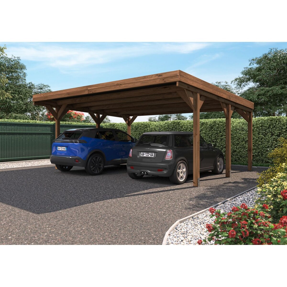 Forest Style Carport toit plat - Bois traité autoclave - 2 voitures - 30,9m² - VICTOR
