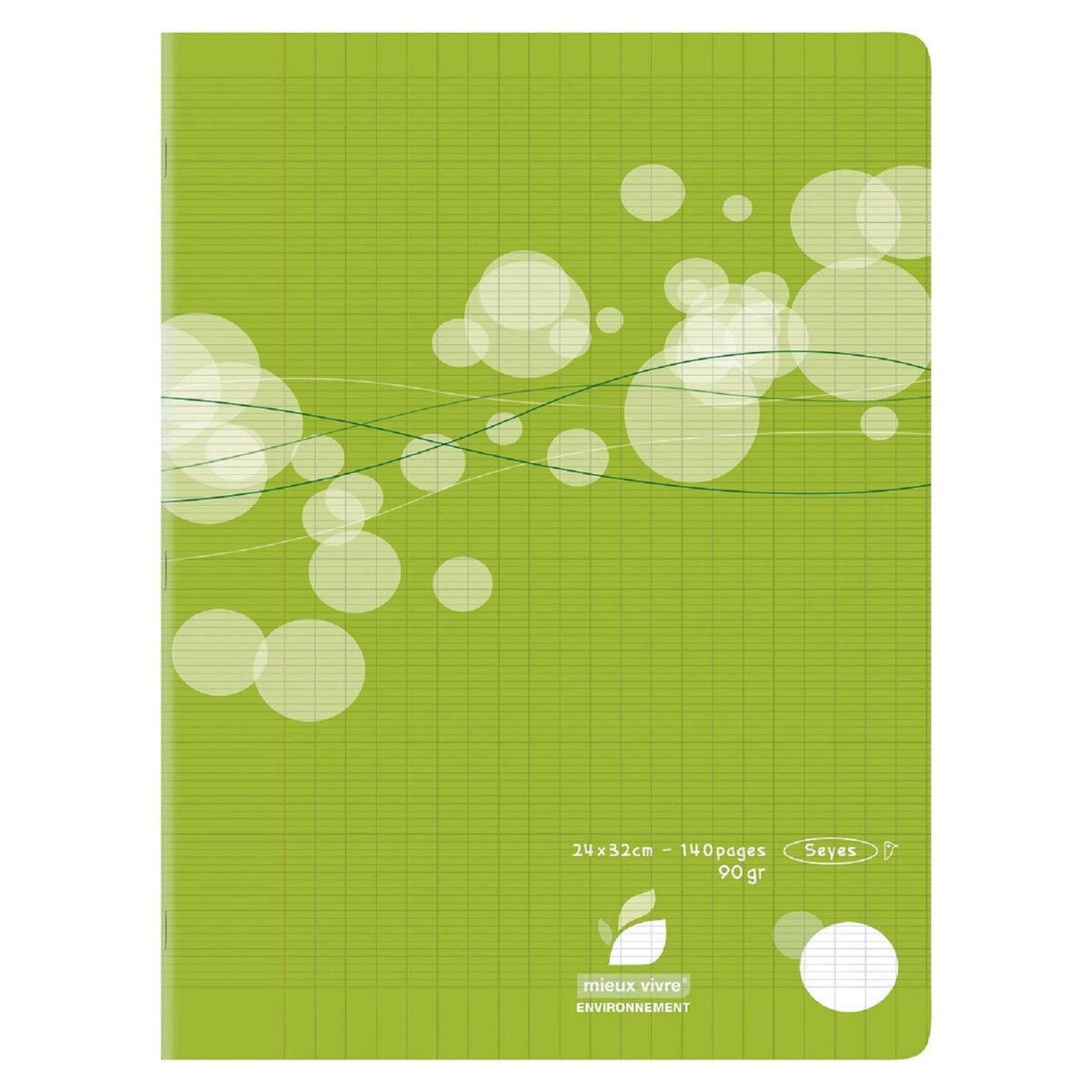 AUCHAN Cahier piqué polypro 24x32cm 140 pages grands carreaux Seyes vert motif ronds