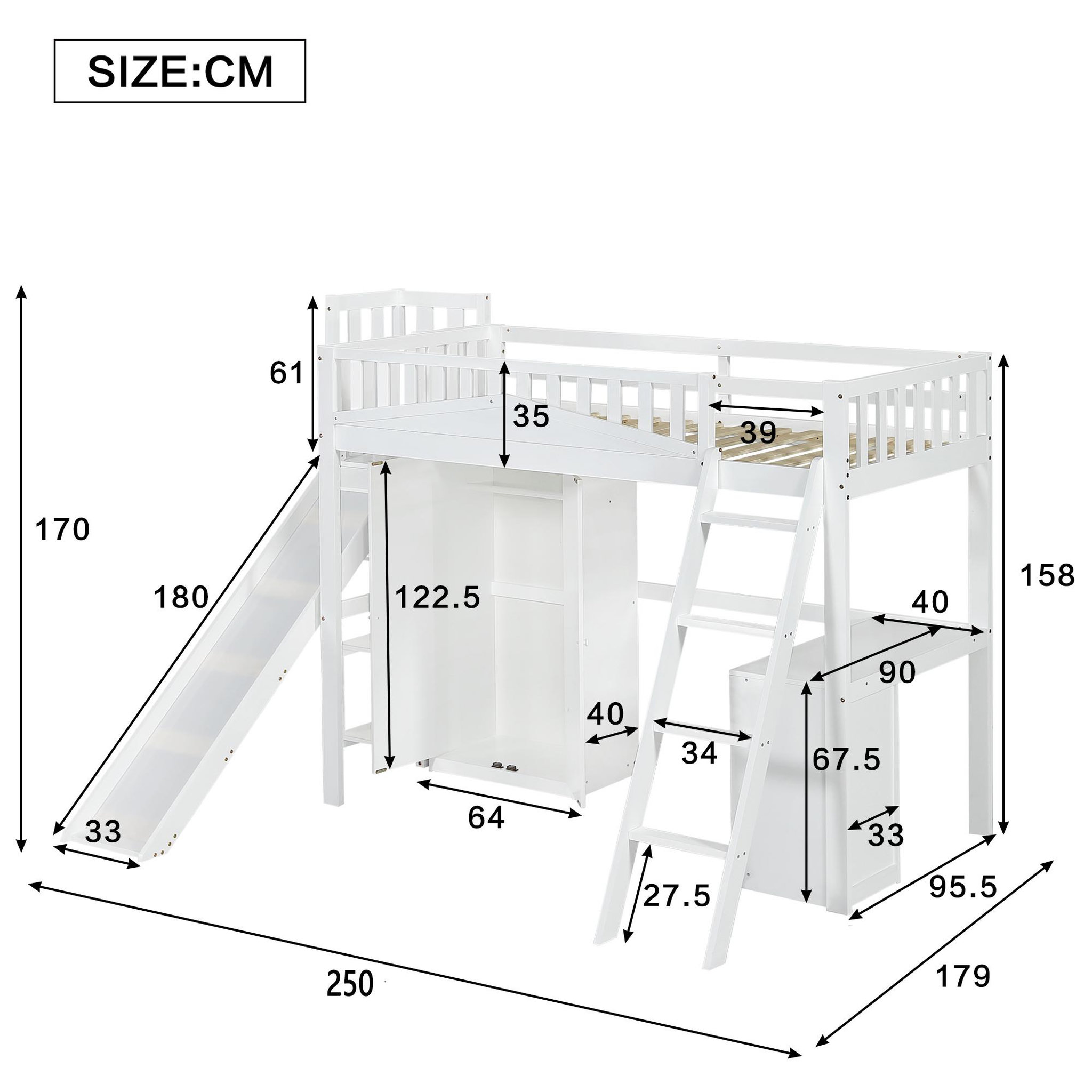 Voir la diapositive 3 : MERAX Lit combiné enfant 90x200cm bois et mdf coloris blanc