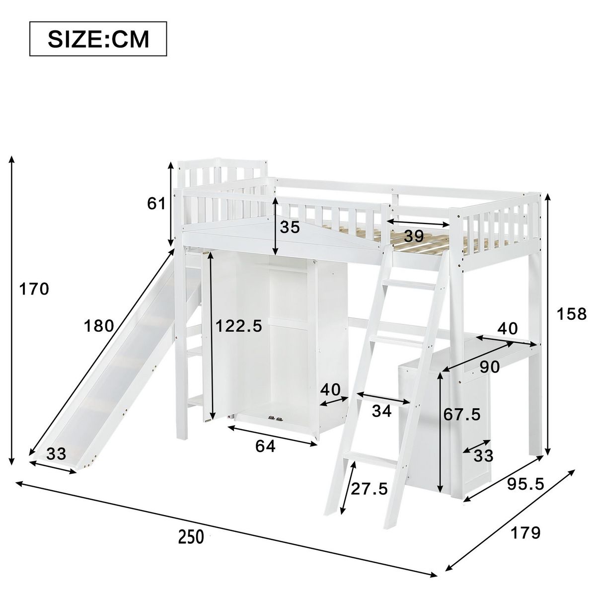 MERAX Lit combiné enfant 90x200cm bois et mdf coloris blanc