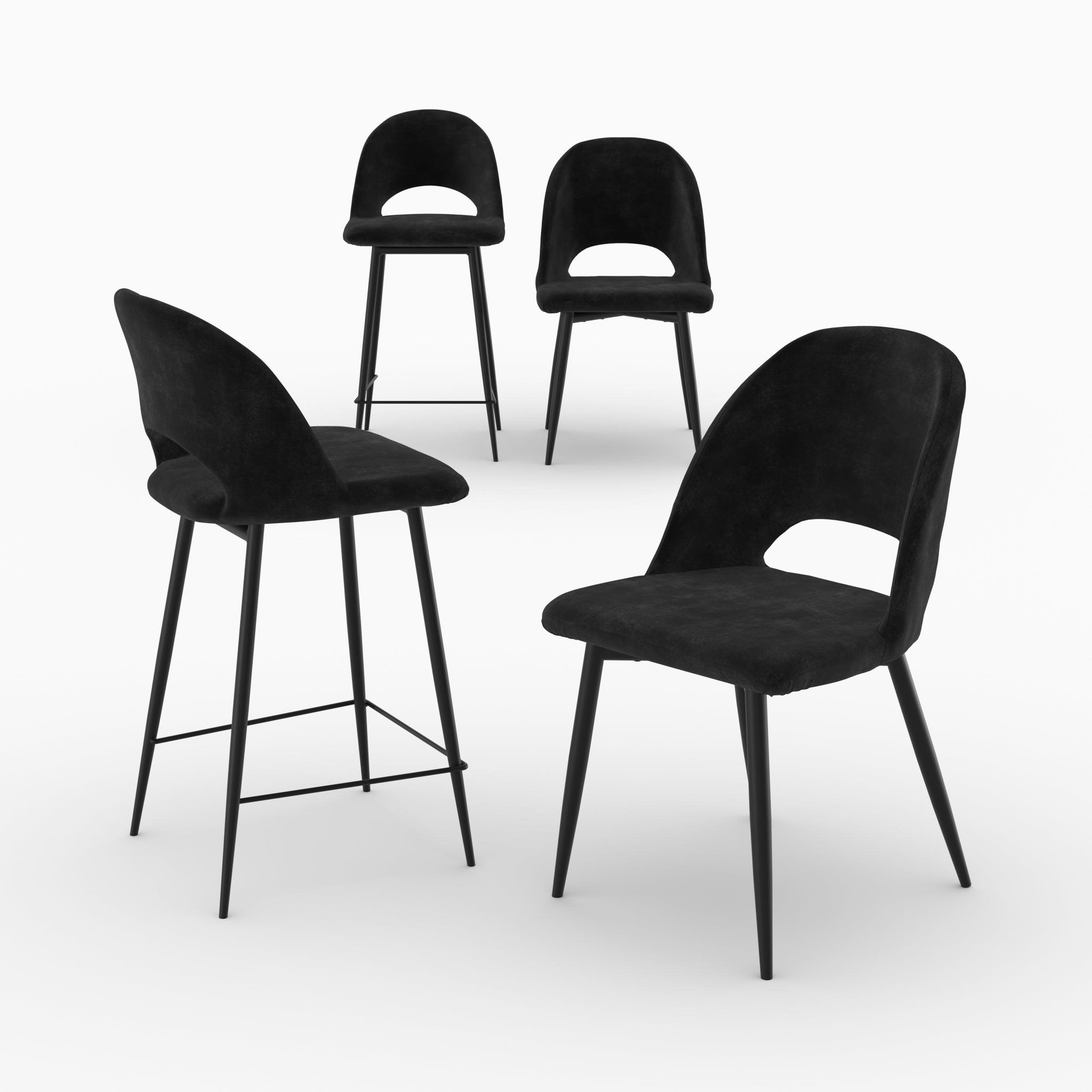 MAISON PAVANE Pack 2 chaises et 2 chaises de bar 65 cm en velours noir-pénélope
