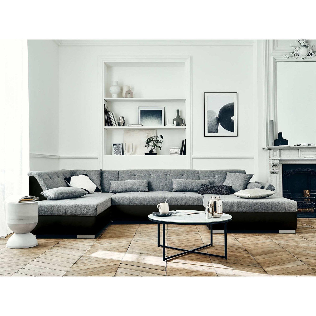 LISA DESIGN Vermont - canapé panoramique d'angle gauche - 7 places - convertible - en simili et tissu