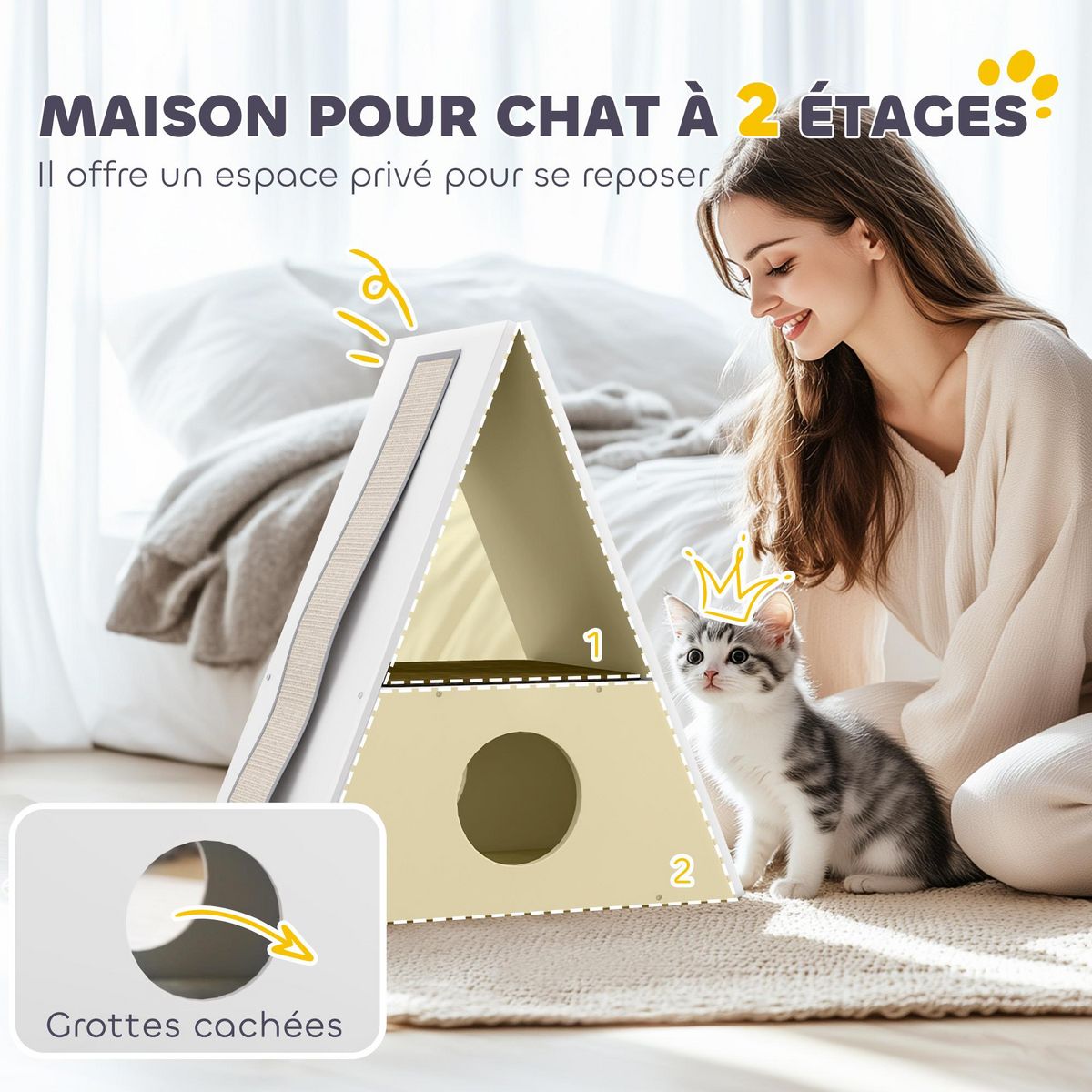 PAWHUT Niche chat design - maison pour chat - 2 tapis, 2 grattoirs sisal - blanc beige