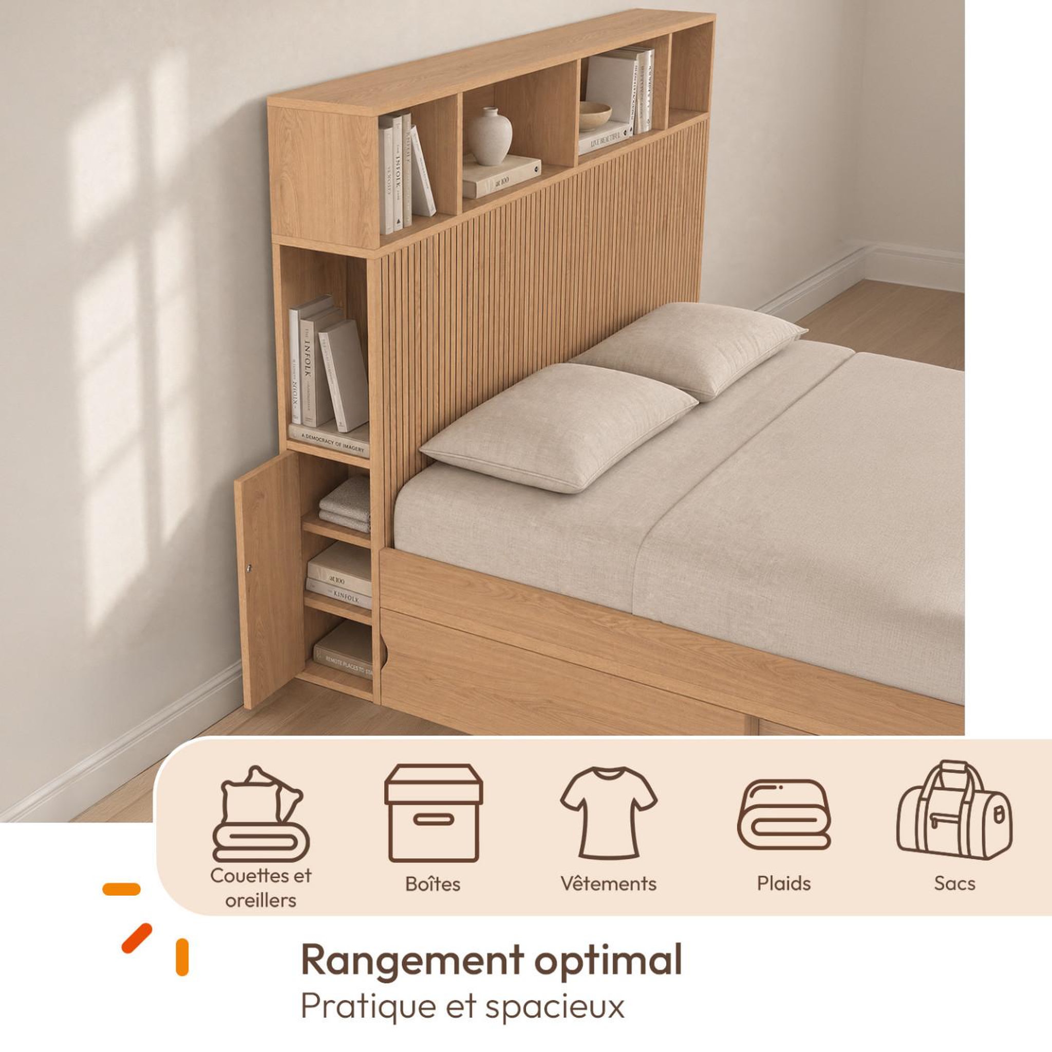 Voir la diapositive 4 : ID MARKET Lit double JULIETTE avec rangements + tête de lit et sommier 140 x 190 cm effet lattes tasseau bois