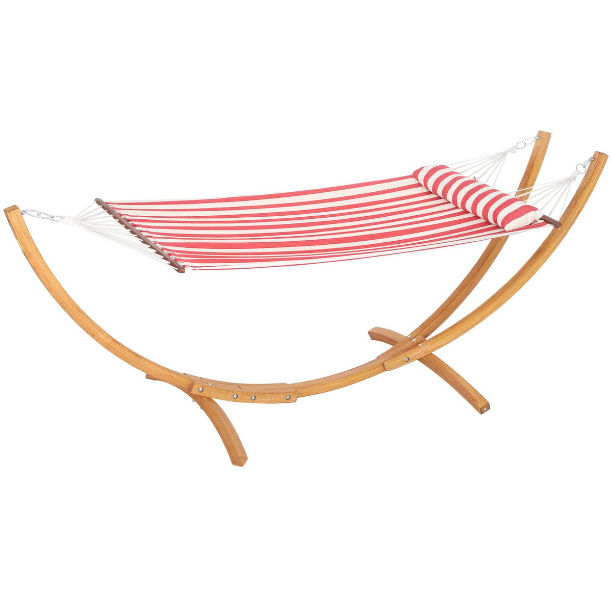 OUTSUNNY Hamac sur pied en bois - 1 place - bois teinte teck toile 100% coton rouge blanc rayée