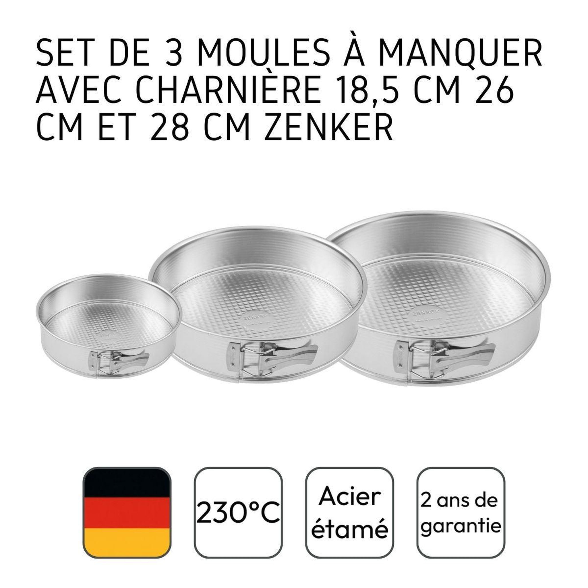 Voir la diapositive 4 : ZENKER Set de 3 moules à manqué à charnière 18,5 cm + 26 cm + 28 cm zenker silver