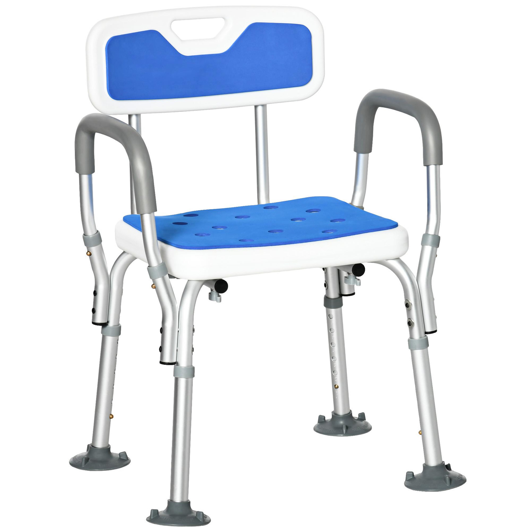 Voir la diapositive 1 : HOMCOM Chaise de douche siège de douche ergonomique hauteur réglable pieds antidérapants charge max. 136 kg alu hdpe blanc bleu