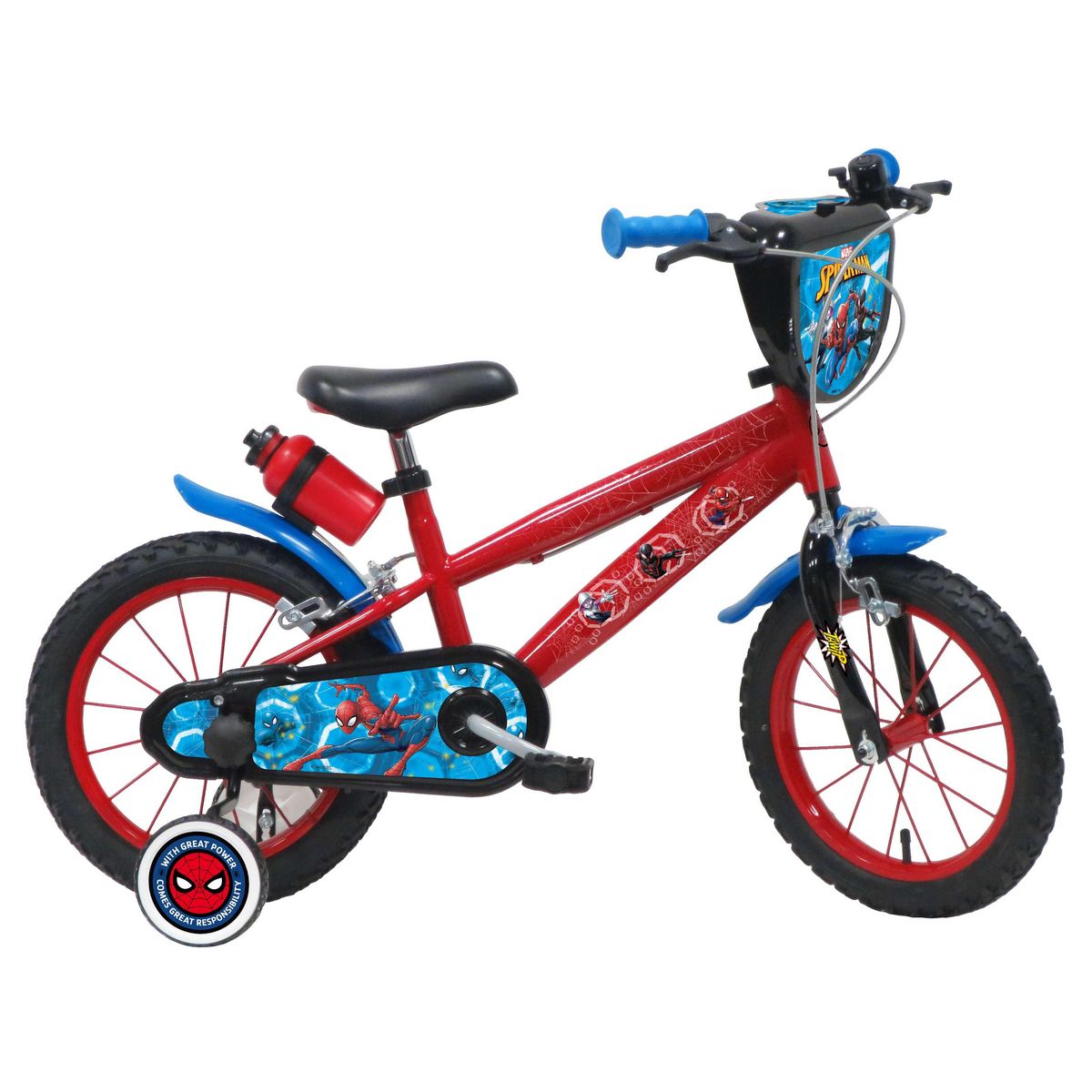 Marvel Vélo enfant 14'' - Modèle Spiderman - pour enfant de 95 à 110 cm avec stabilisateurs - Plaque décorative avant - Porte bidon & bidon - 2 freins & Roues gonflables
